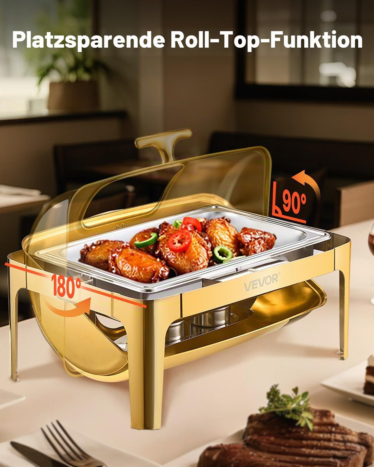 VEVOR Chafing Dish Set Speisenwärmer Edelstahl mit Pfannen in voller Größe (8,5 L), rechteckiger Wärmespender mit sichtbarem Deckel & Wasserpfannenständer & Brennstoffhalter, für Partys Gold