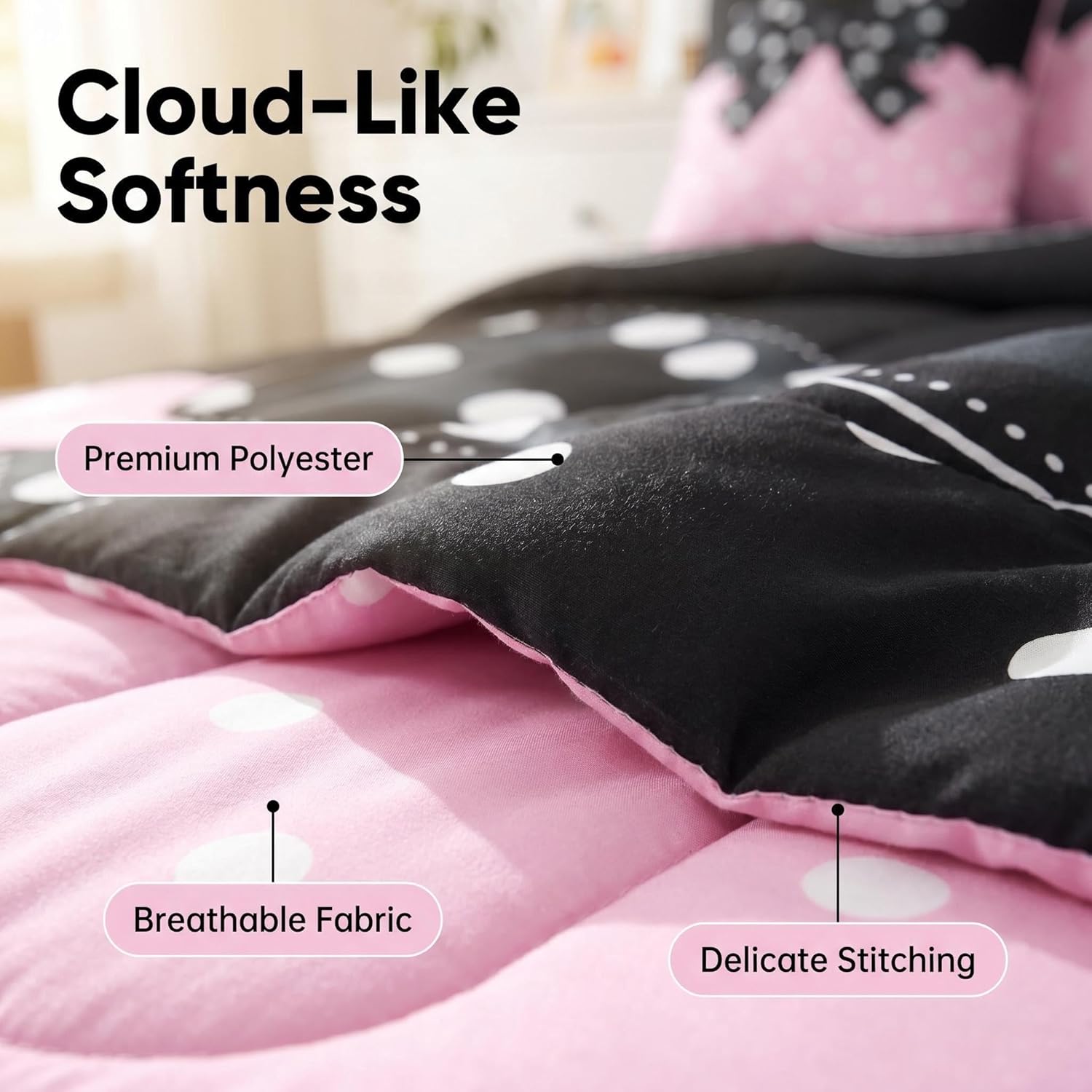 Feelyou Pink Bowknot Comforter Set with Sheets 7 Piece Queen Size Polka Dots Bed in a Bag Kids Boys Girls Bow Tie Bedding Set Polkadot Pattern Bedroom Decor Breathable Soft Lightweight Microfiber