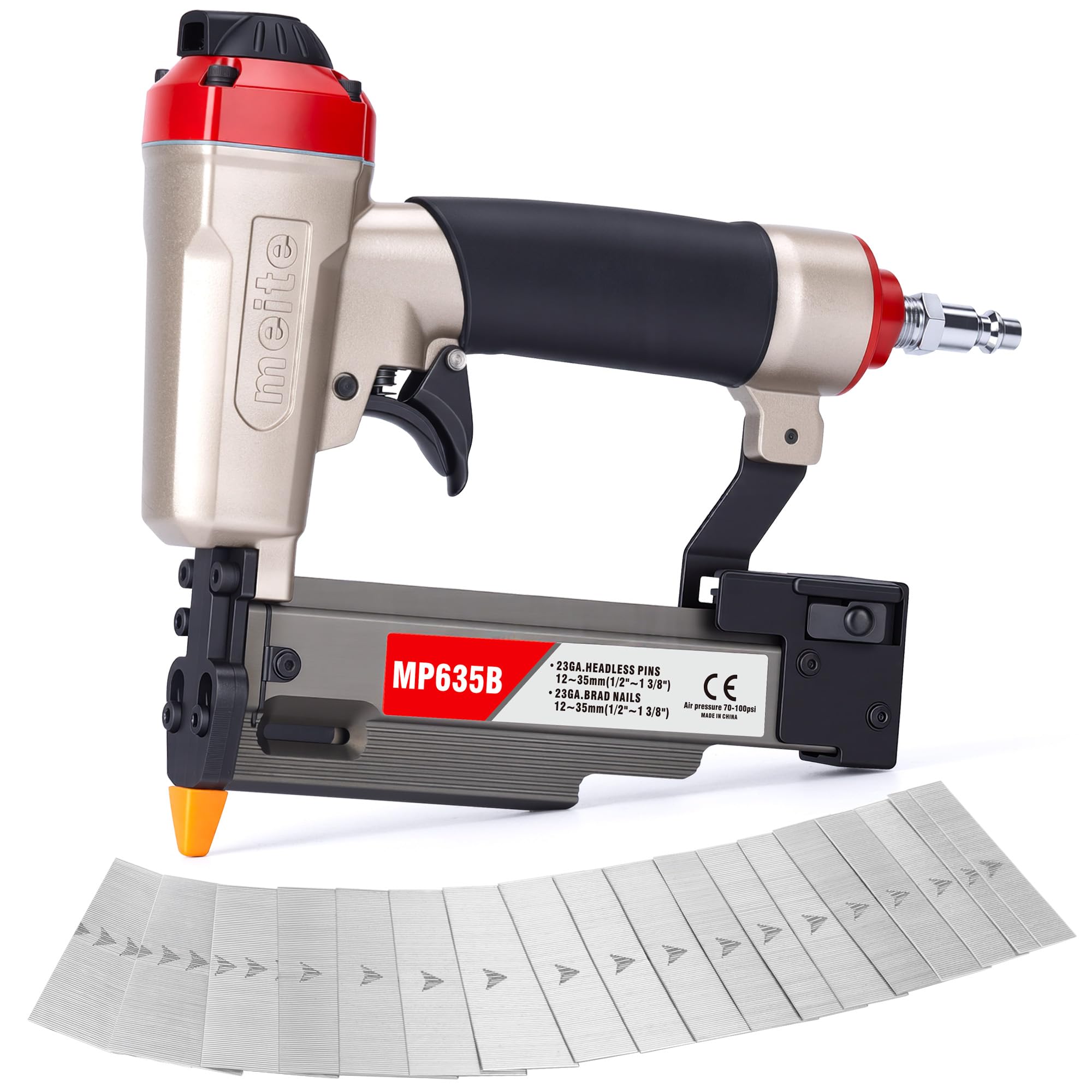 meite MP635B Pin Nailer with 6000 PCS Pin Nails (1/2", 5/8", 3/4", 1", 1-3/16", 1-3/8"), Pneumatic 23 Gauge Pin Nailer, Fits 1/2" to 1-3/8" 23 Gauge Pin Nails, Ideal for Paneling, Small Trim