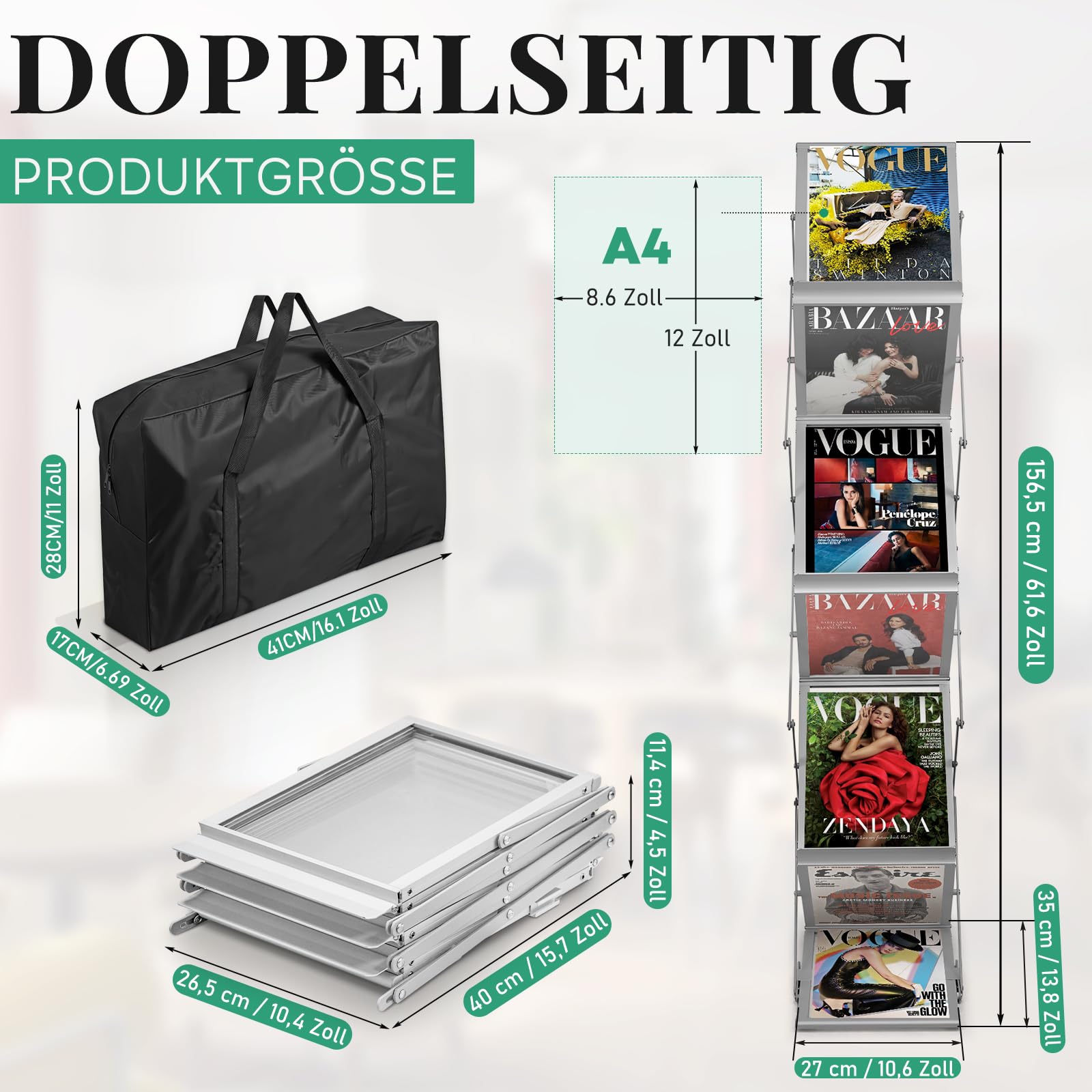 SUNDOY Tragbarer A4 Prospektständer mit 6 Ausstellungsfächern – Beidseitiger, faltbarer Bodenständer für Broschüren, Flyer, Zeitschriften und Kataloge für Ausstellungen, Showroom & Empfang