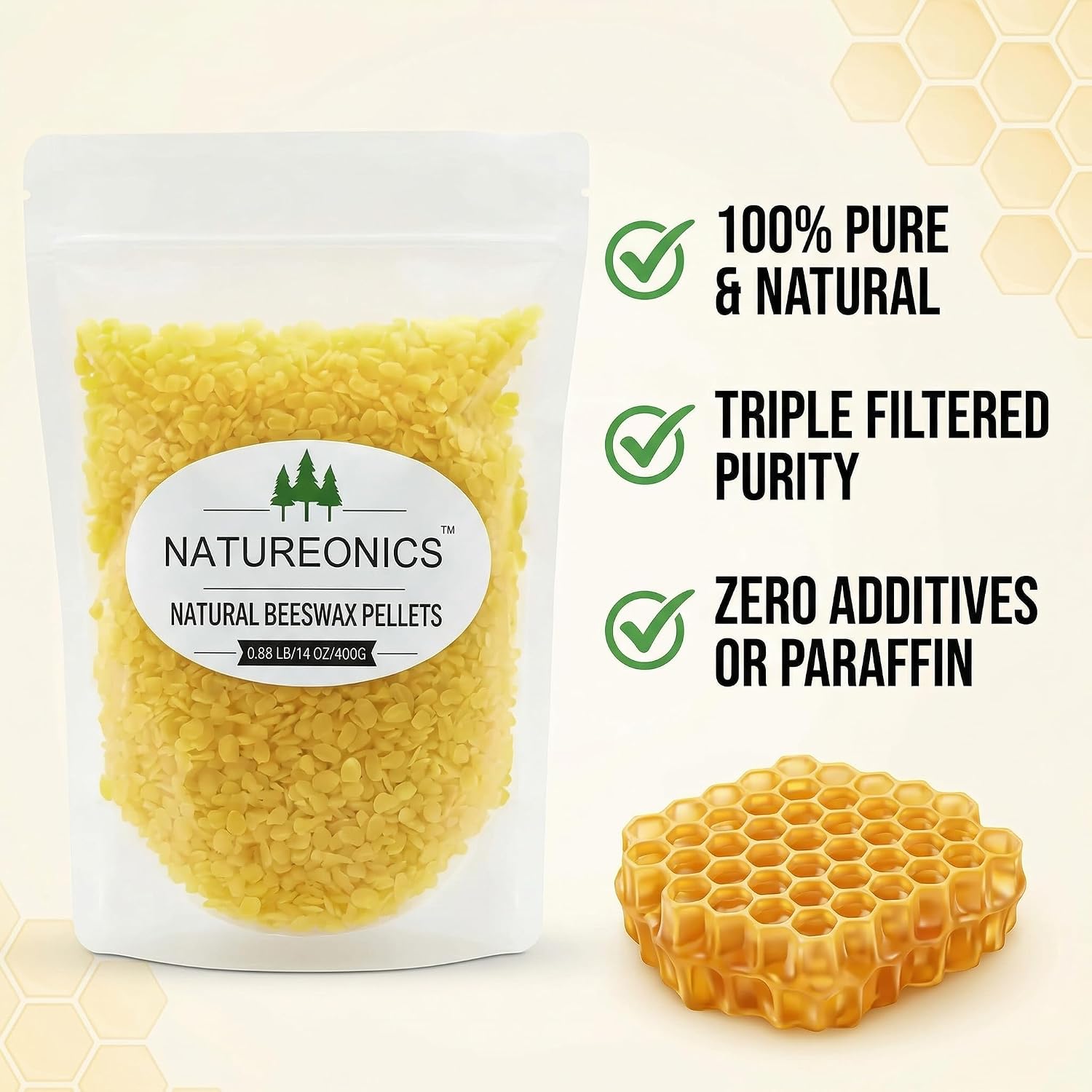 Natureonics 14.1 Oz Yellow Beeswax Pellets - 100% Pure & Natural Cosmetic Grade Beeswax Pastilles for Candle Making, DIY Lip Balm, Creams, Lotions, Soap Making - Easy Melt Triple Filtered Beads.