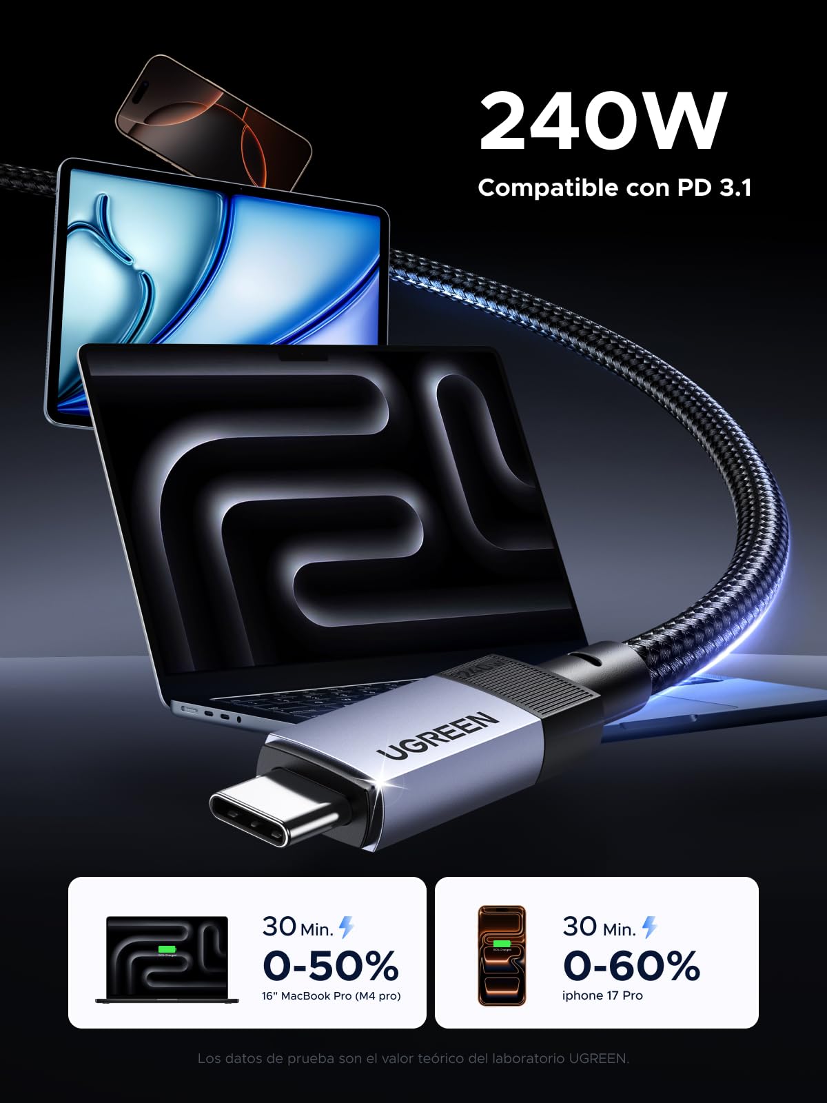 UGREEN Cable USB Type C Vídeo 8K@60hz, USB4 GEN3 40Gbps, 240W Carga Rápida PD 3.1, Compatible con Macbook Air, HP, ASUS, iPhone 17 Pro Max Air/iPhone 16/15 Pro Max, Galaxy S26/S25 Ultra, Monitor. 1M