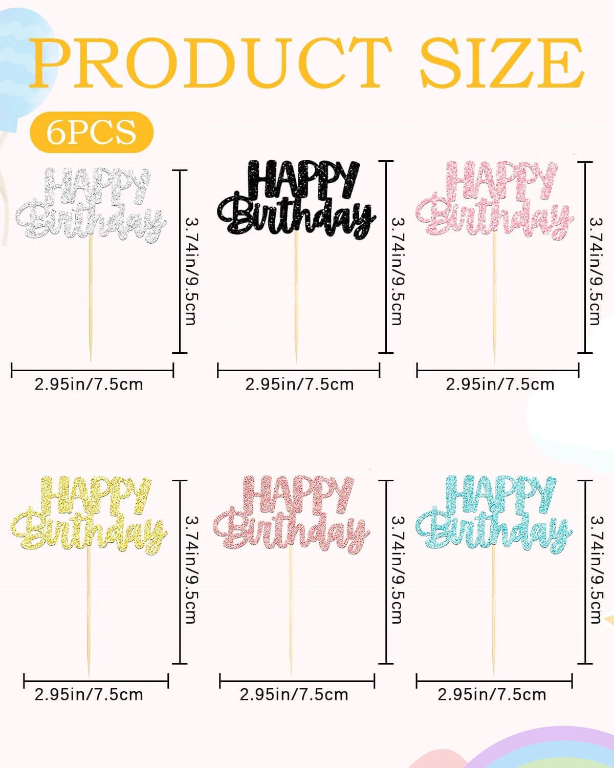 24Pcs Happy Birthday Cupcake Toppers Cupcake Decorations Glitter Birthday Cupcake Food Picks Cake Toppers Sticks For Happy Anniversary Birthday Party Celebration(6 Colors)