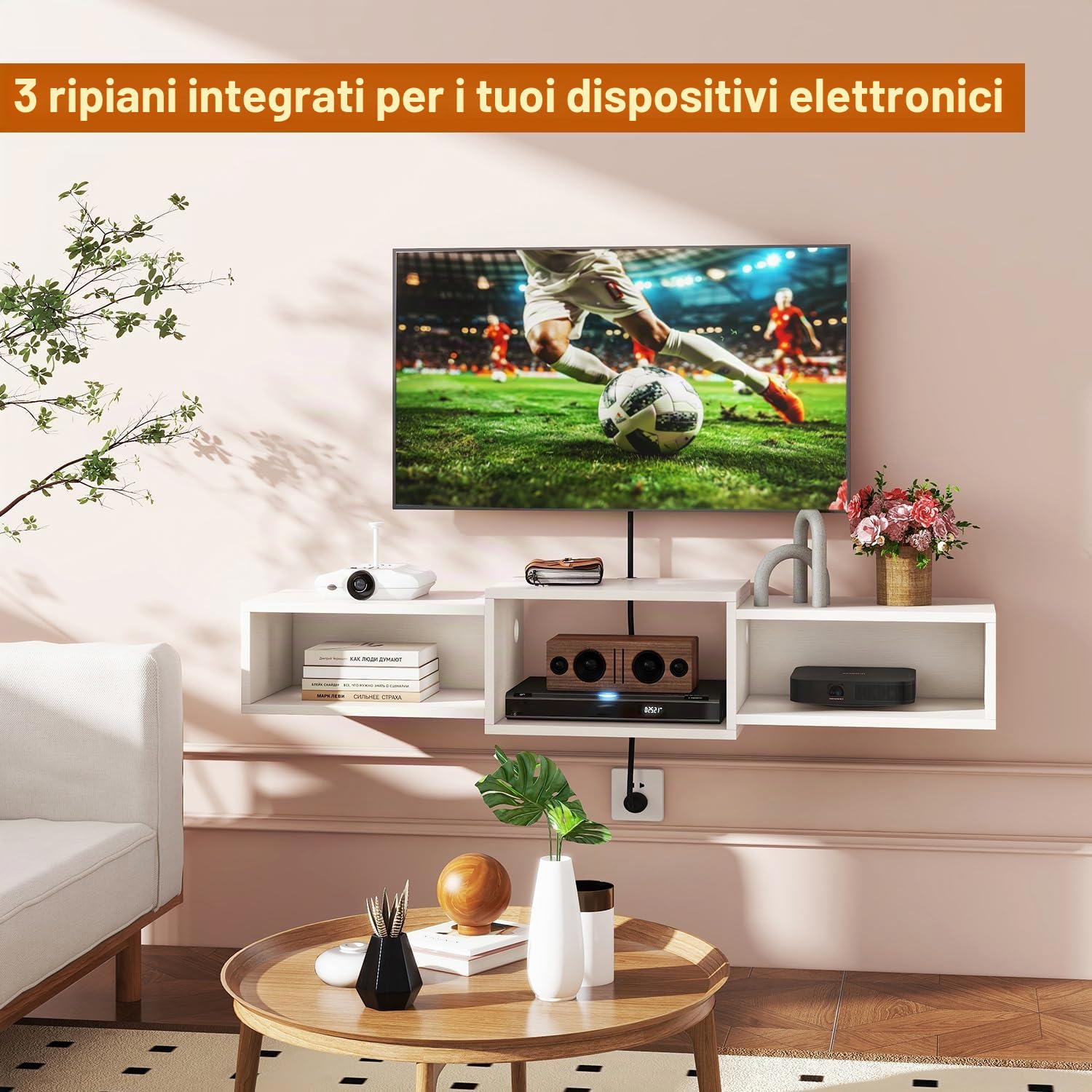 IBUYKE Supporto TV galleggiante da parete, mobile TV in legno, mensola per console multimediale, mobile mobile per TV sotto la TV, per soggiorno, camera da letto, ufficio, bianco WST013W