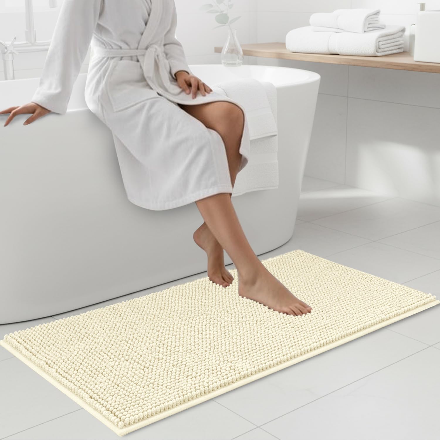 Hafaa Bath Mat Non Slip Anti Mould – Cream Chenille Bathroom Mat 60 x 90 cm Machine Washable Bath mats Super Absorbent Extra Soft Fluffy Shower mat