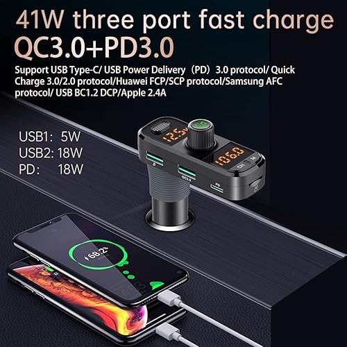 Miniatura 2 de Receptor de radio Bluetooth 5.0 para cambio de coche con 2 micrófonos más fuertes, cargador de coche USB PD QC 3.0 de 41 W, adaptador de audio