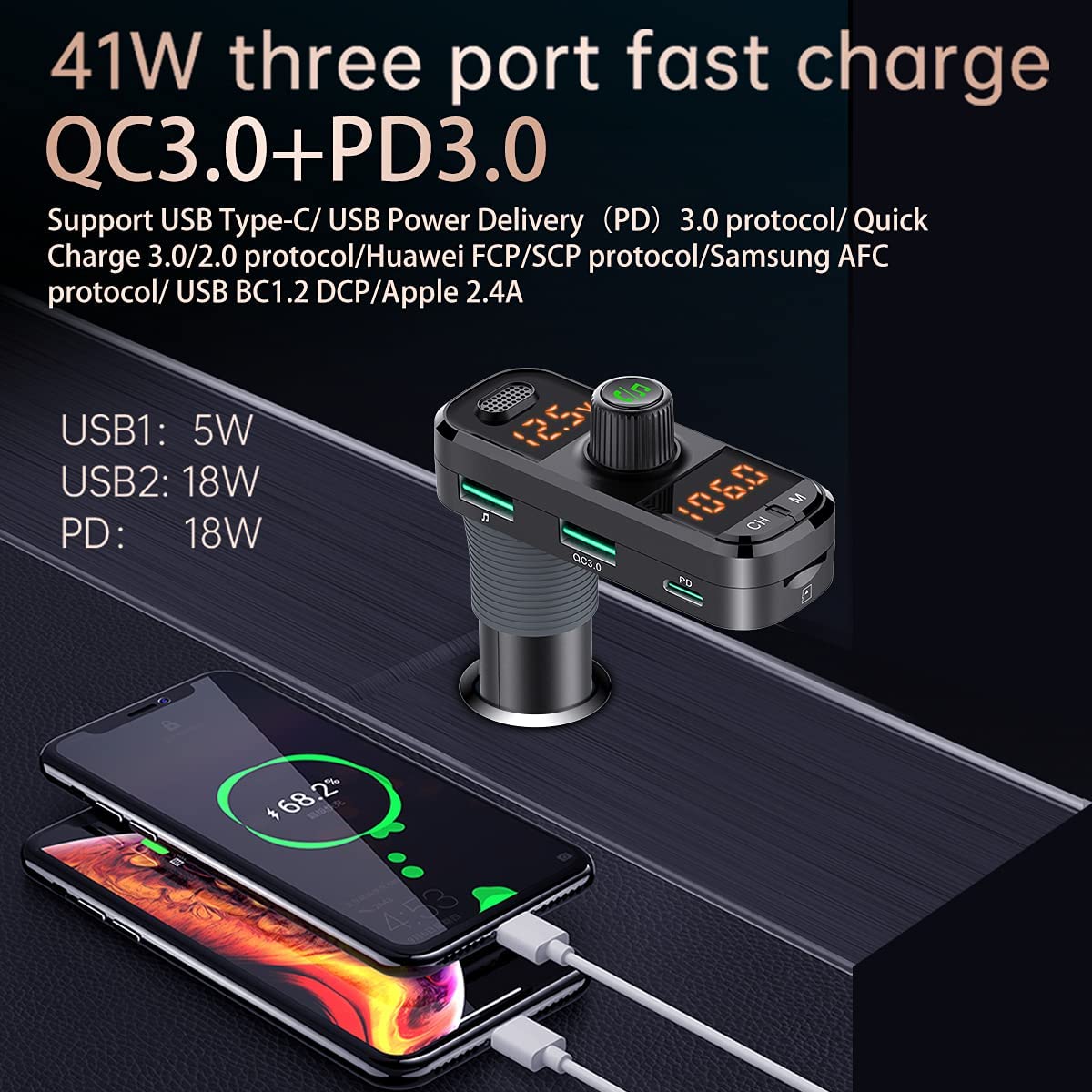 ILOKEY Bluetooth 5.0 Car Change Radio Receiver with 2 Stronger Microphones, 41W PD QC 3.0 USB Car Charger, Aux in/Out Wireless Audio Music Adapter, with Hands Free Calls and Voice Assistant