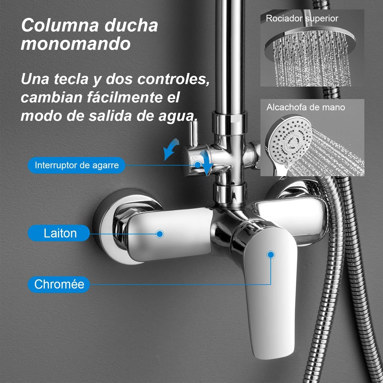 YOOZENA Columna de Ducha, Duchas de Baño Columna Extensible con Grifo,Columna Ducha con Manguera, Ducha Lluvia, Cromado Redondo