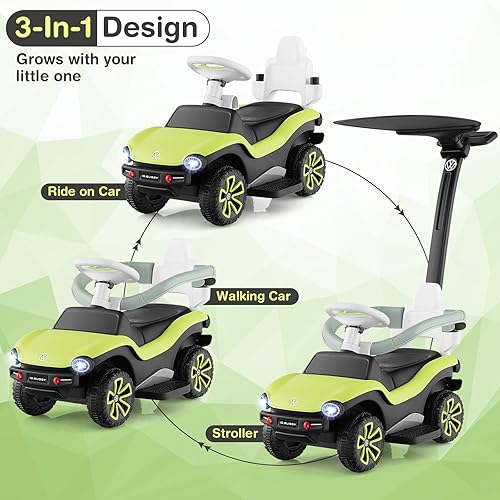 Miniatura 2 de Costzon Coche de empuje para niños pequeños, cochecito Volkswagen 3 en 1, auto deslizante para caminar con toldo, asa, barandilla, música y faros,