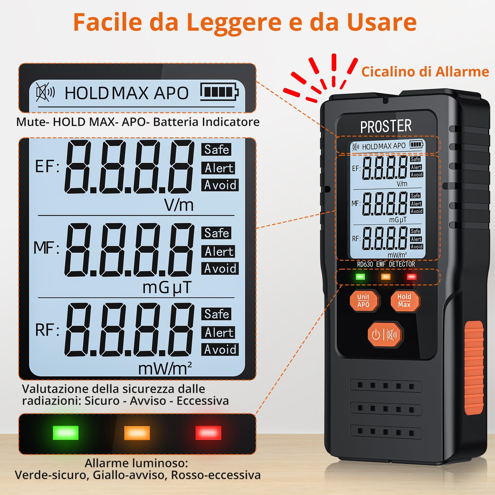 Proster Misuratore EMF 3 in 1 Rilevatore Digitale di Radiazioni per Campi Elettromagnetici EF RF MF Torri Cellulari 5G Rilevatore di Segnale WiFi per Ispezioni EMF in Casa e in Ufficio e Caccia