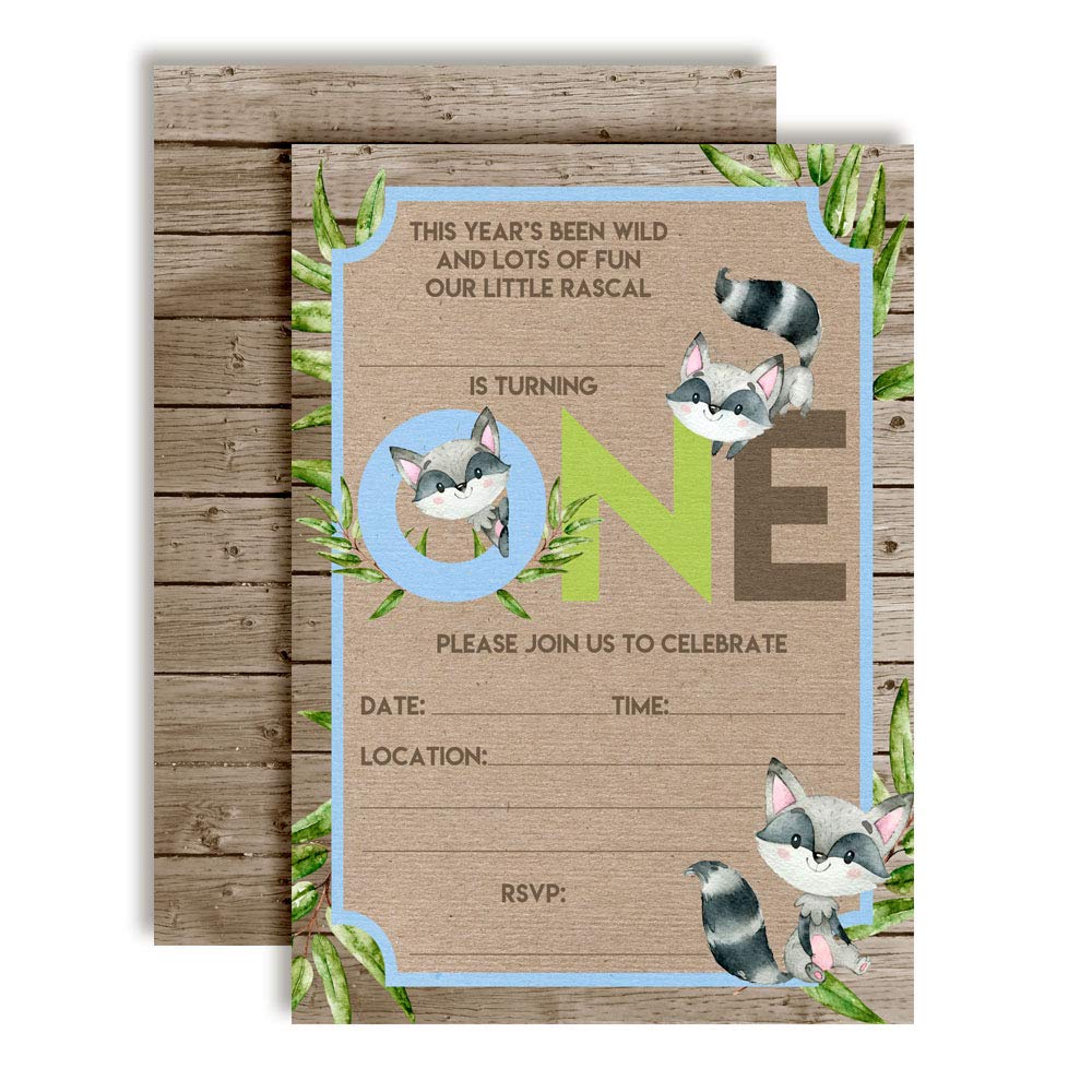 Amanda CreationOur Little Rascal Cute Raccoon First Birthday Party Invitations, 20 5"x7" Fill in Cards with Twenty White Envelopes by