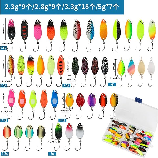 Vaskula Esche Artificiali Spinning Trota 43 Pezzi Set di Spoon Trout Area 2.3g/2.8g/3.3g/5g Ondulanti Trota Spinning con Contenitore Esca Artificiale per Cucchiaini Pesca Spigola Luccio - 2