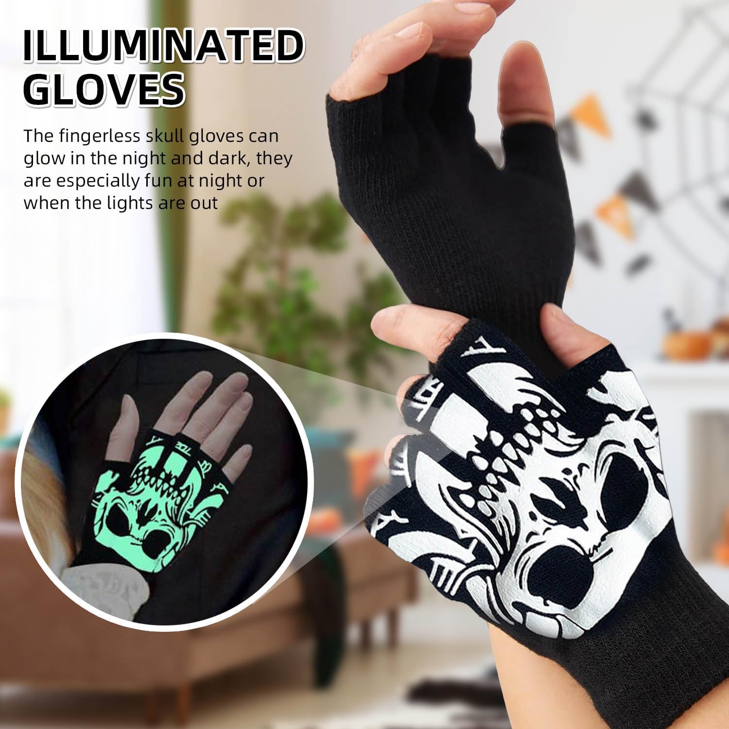Skeleton Gloves, Skull Gloves Glow in The Dark for Adult Women Men, Halloween Party Cosplay Costume Accessories - Image 2