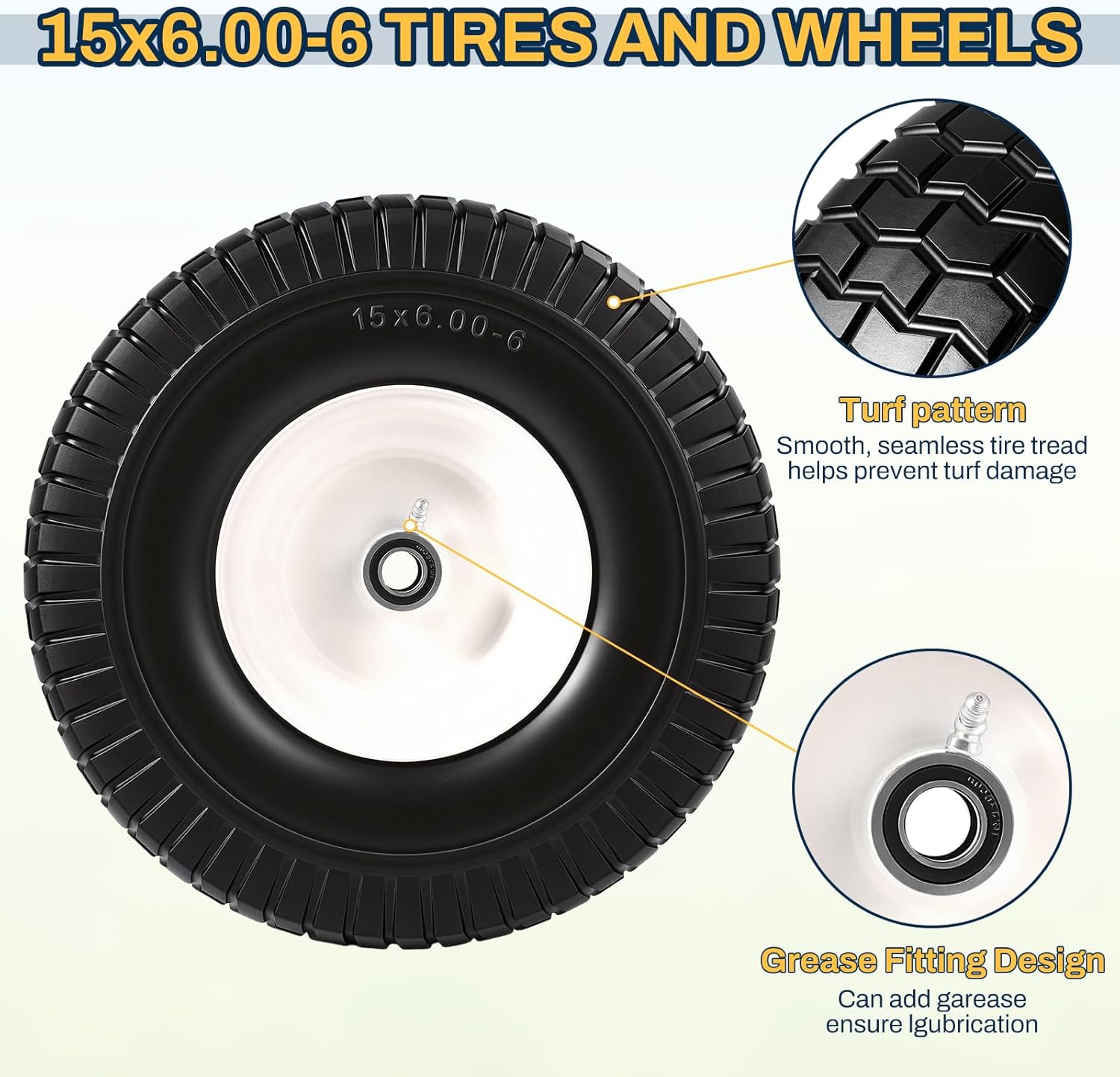 15x6.00-6 Flat Free Lawn Mower Tire and Wheel, 15x6-6 Front Tire Assembly Compatible with John Deere Husqvarna Riding Mowers Lawn Tractors, with 3/4" & 5/8" Bearings, 3" Centered Hub, 2 Pack