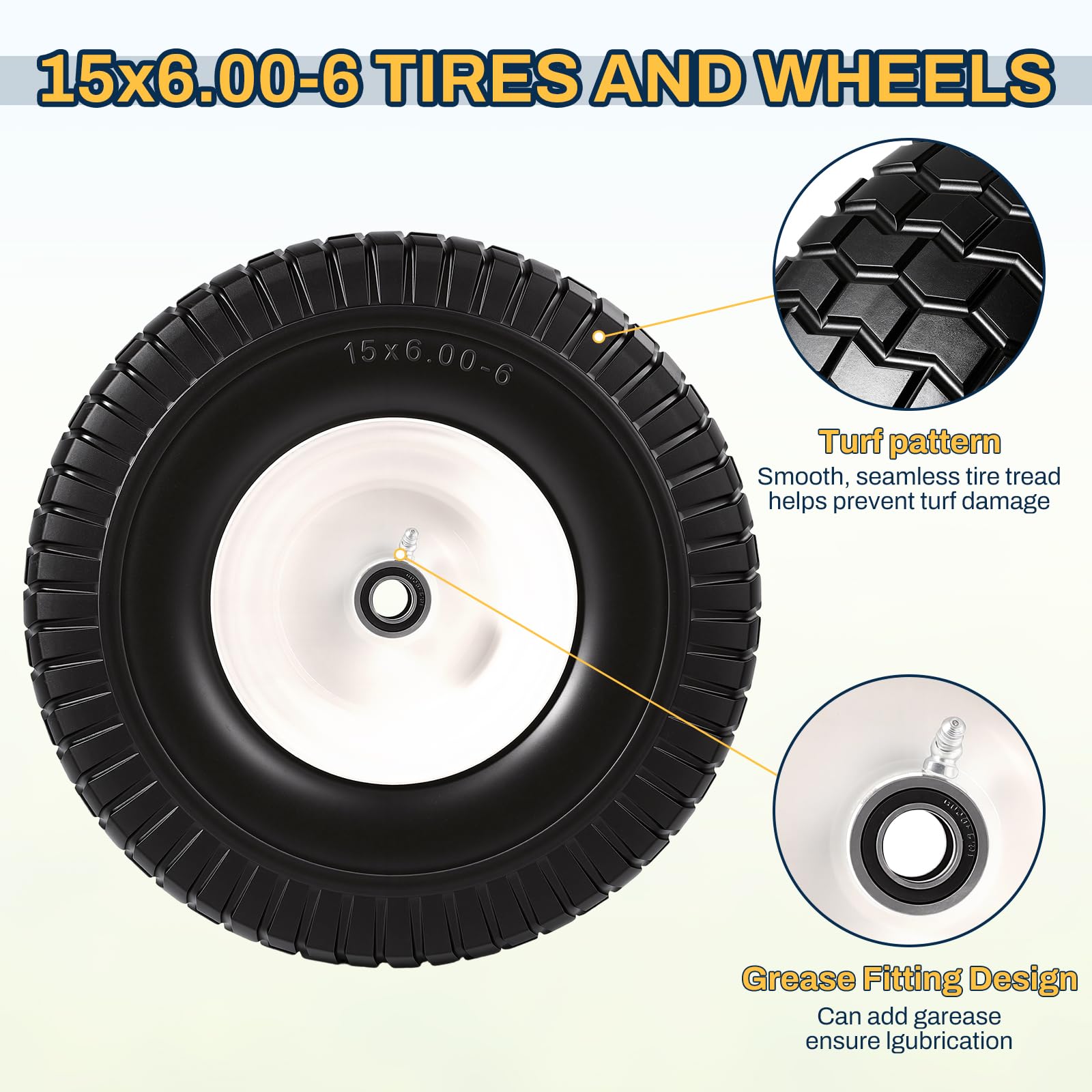 Neumático y rueda para cortacésped de 15 x 6.00-6, montaje de neumático delantero de 15 x 6-6 pulgadas compatible con tractores John Deere Husqvarna, con rodamientos de 0.75 y 0.63 pulgadas, cubo
