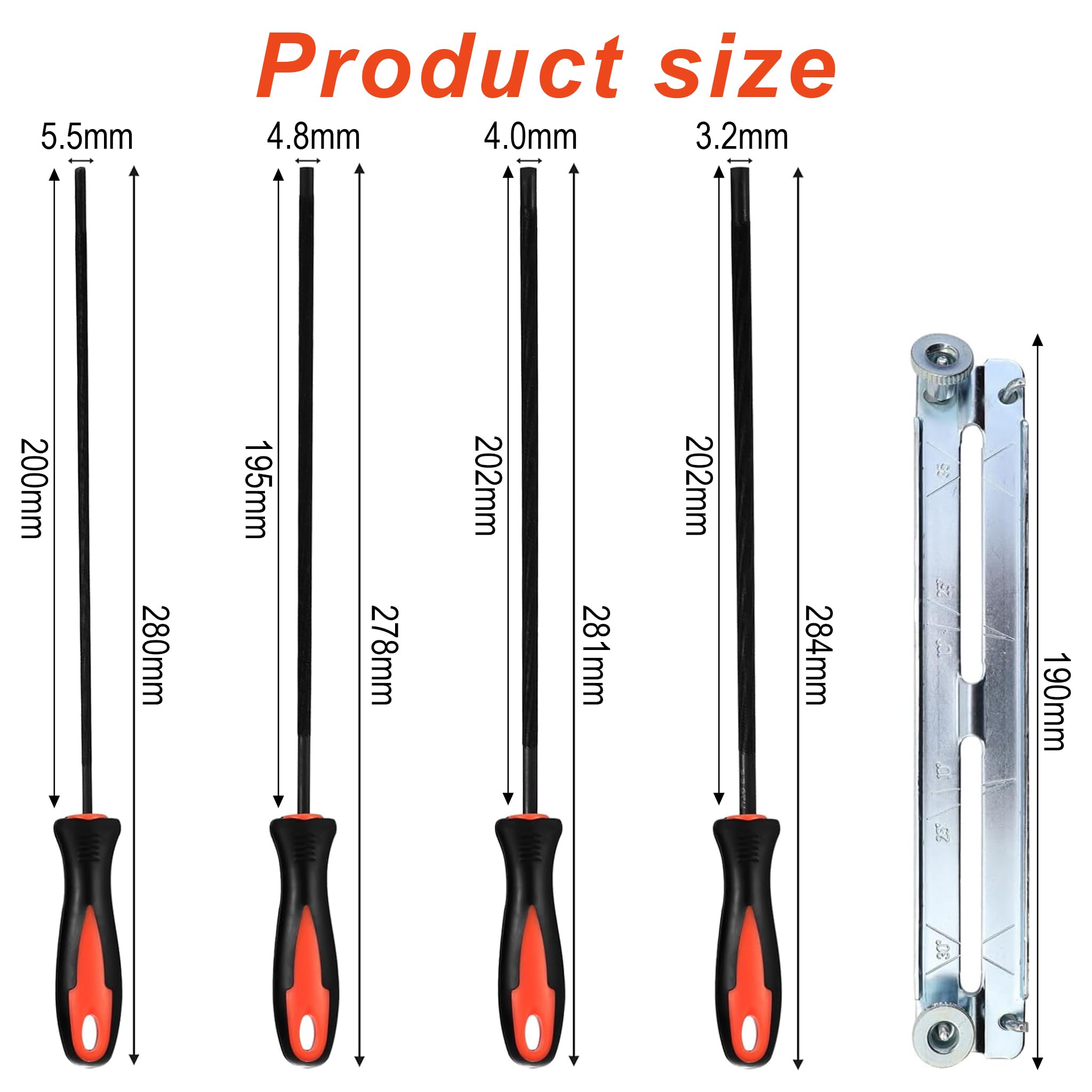 Set di Limature motoseghe, Set di Limature Rotonde a 4 Pezzi 3,2/4,0/4,8/5,5 mm con Manico e Guida, Lima Rotonda da 4mm per motoseghe, Lime Professionali in Metallo per Fai-da-Te