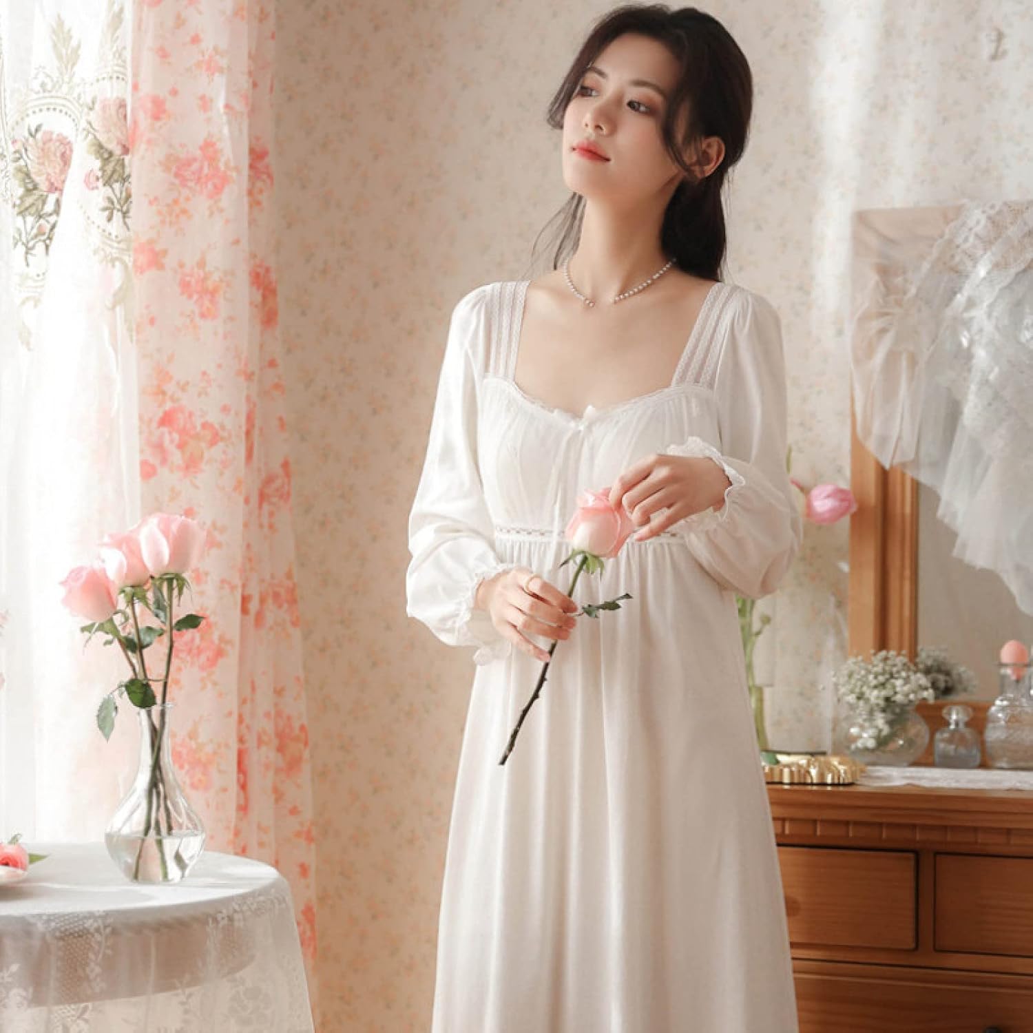 OFFSUM Women's Long Sleeve Nightgown - Classic Cotton Dress Spring Summer Sexy Lace Square Collar Princess Sleepwear Vinta