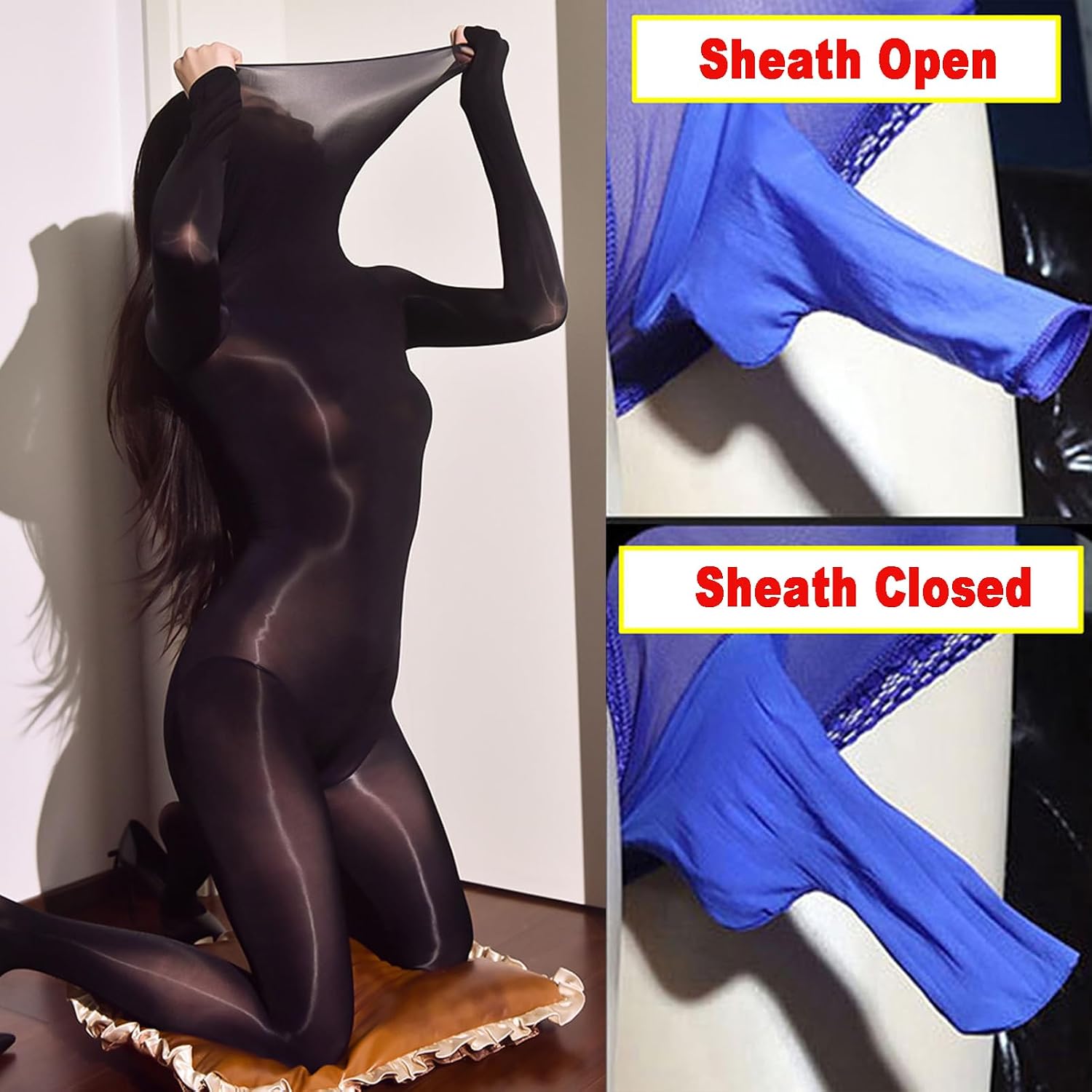 BEFASY Nylon Full Body Stocking High Collar Shiny Bodystocking for Women Men Long Sleeve Bodysuit Catsuit