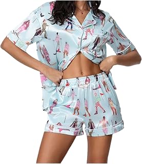 HYFEUOKF Silk Pajamas for Women Two Piece Pajamas Set for Women,Cute Cowboy Boots,Button Down Shirts,Boxer Shorts,Lounge Pajama Sets for Women(L,Style5)