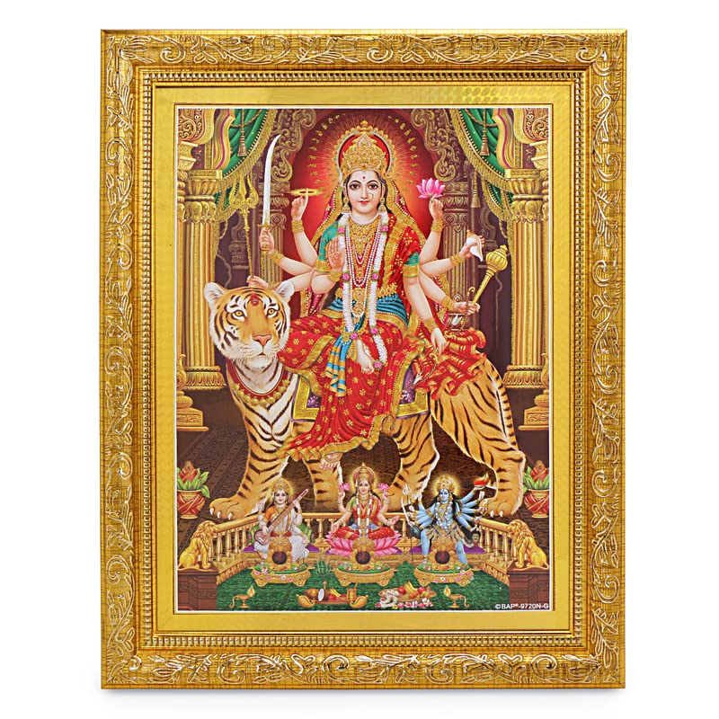 Cadre photo murale Maa Durga avec broderie Golden Zari dorée 28x33 cm