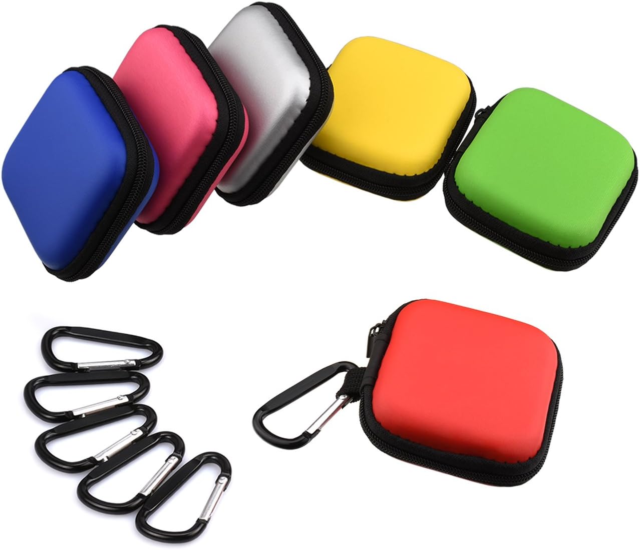 6-Pack 6 Color Earbud Case Earphone Storage Pouch with Carabiner for USB Cable Flash Drive and More