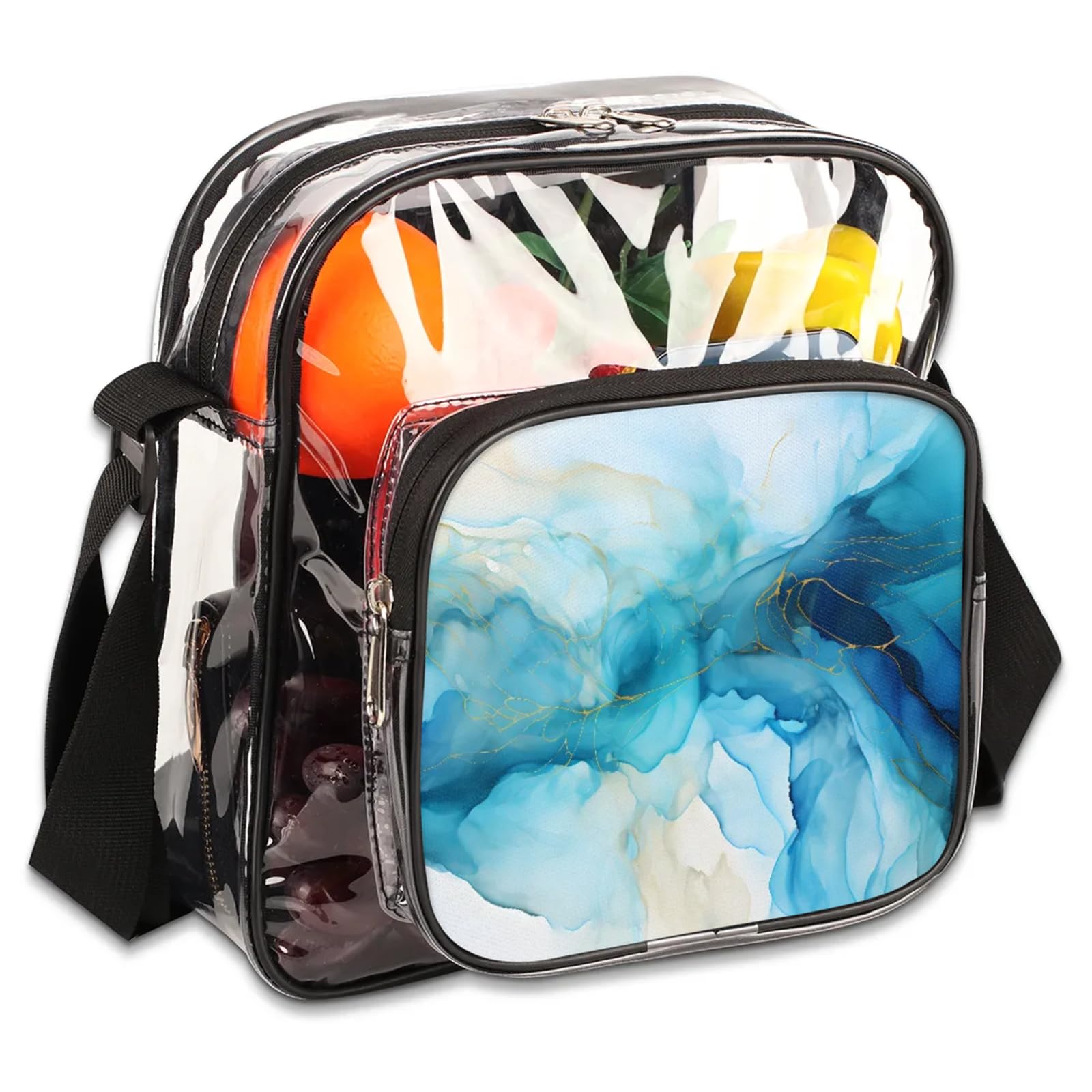 Clear Crossbody Bag Stadium Approved Lighter Blue Colors Transparent Bag for Festivals, Sports Events, Concerts,Beach Bag for Women Men Abstract Dynamic Art Clear Purse with Front Pocket Messenger Bag