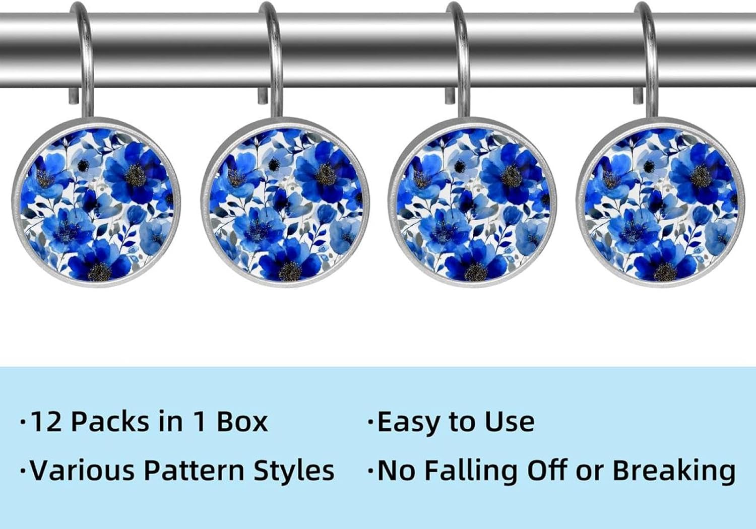 12PCS Blue Flowers Watercolor Floral (5) Shower Curtain Hooks Rings for Bathroom, Decorative Shower Curtain Hooks Rods Curtains and Liner