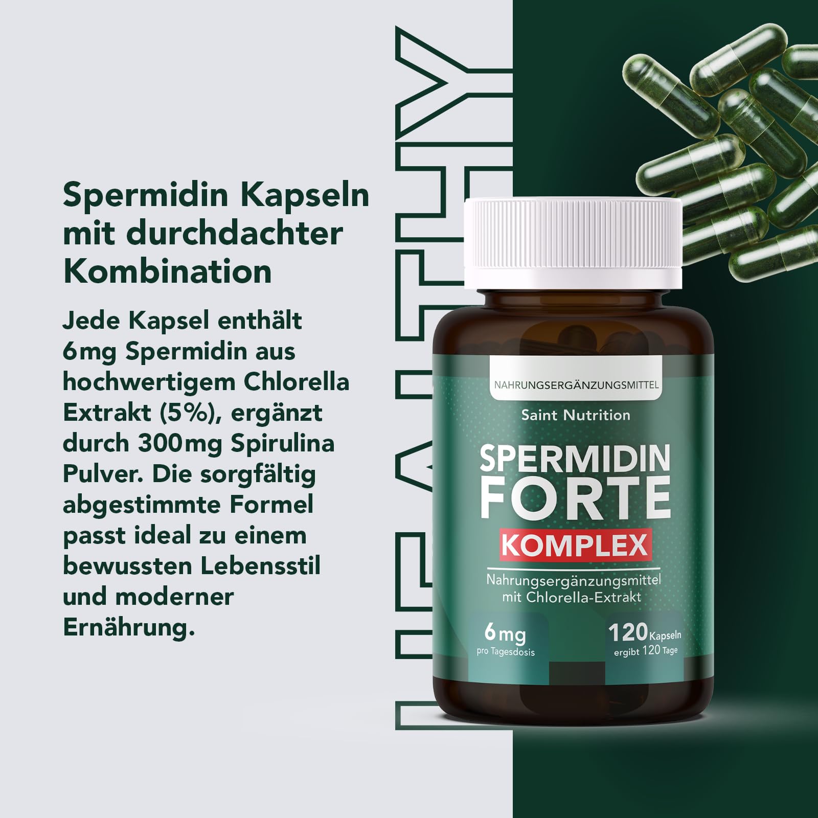Saint Nutrition® Spermidin Kapseln – Hochdosiert mit 6mg Spermidin pro Kapsel – aus natürlichem Spirulina Algenpulver & Chlorella Extrakt – Unterstützt Zellschutz, Zellregeneration & Vitalität