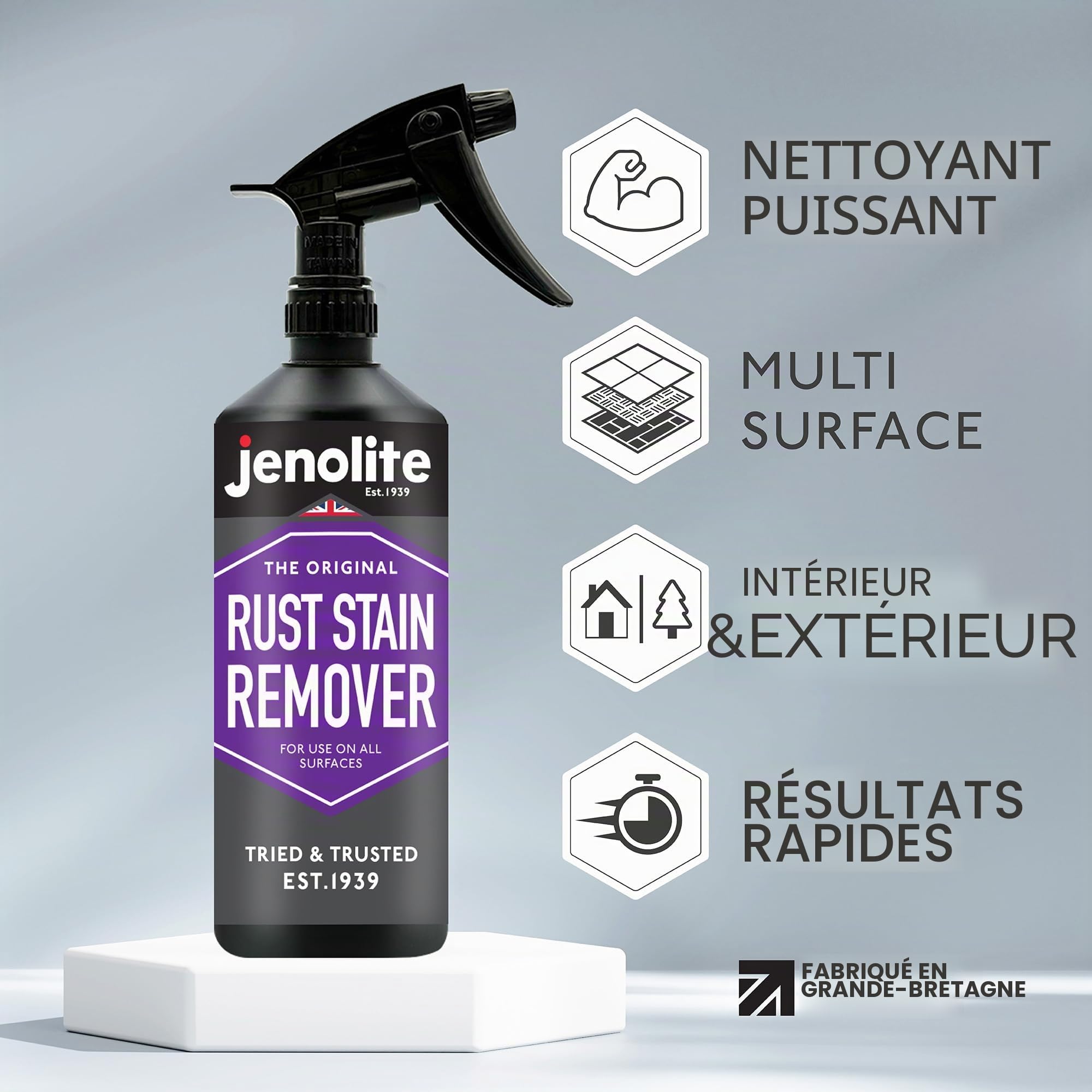 JENOLITE Détachant Rouille | 500ml | Solution Anti Rouille Élimine Taches de Rouille sur Terrasse et Carrelage, Détachant de Rouille pour Salle de Bain, Stop Rouille | Teinture Antirouille