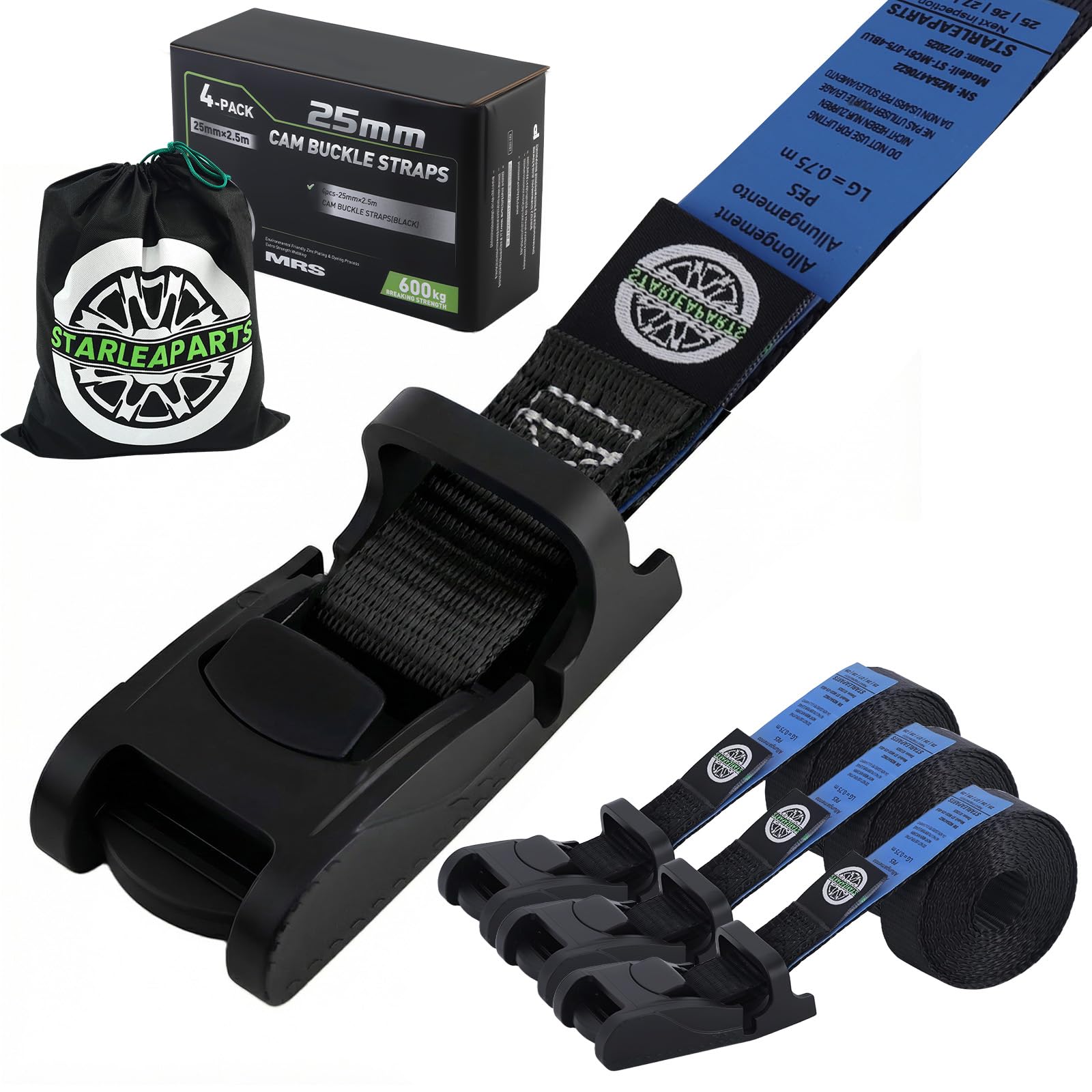 STARLEAPARTS 4 Stück Spanngurte, Kleine Spanngurte mit Klemmschloss 25 mm x 2,5 m, 600 kg Bruchfestigkeit Zurrgurte Spannriemen Befestigungsgurt für Fahrradträger, Kajak, Camping