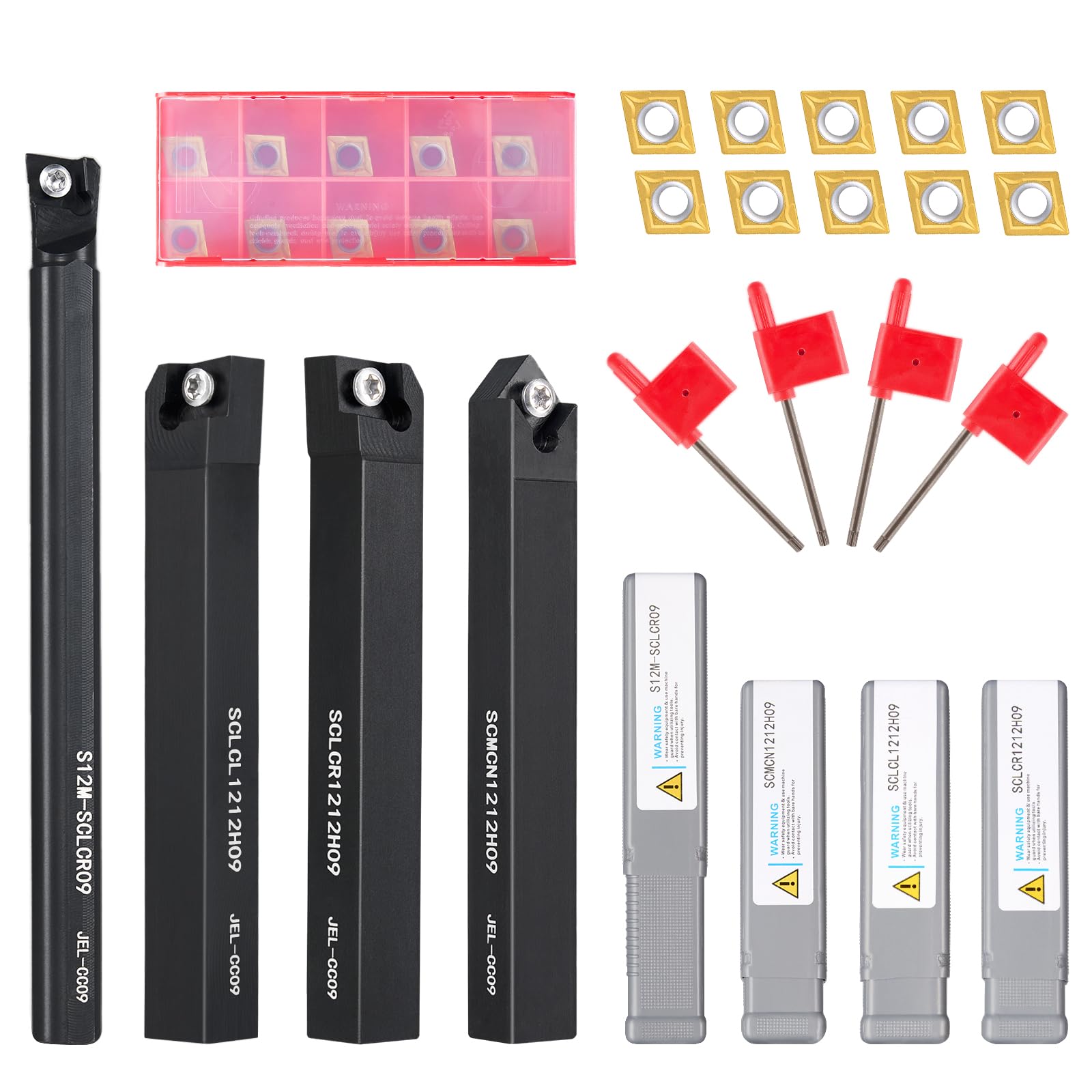 Donken Drehmeißel Set 12mm, 4er Drehmeißel aus Hartmetall, S12M-SCLCR09, SCLCR1212H09, SCLCL1212H09, SCCMN1212H09 Bohrstange Drehwerkzeughalter mit CCMT09T304 und T15 Schraubenschlüsse