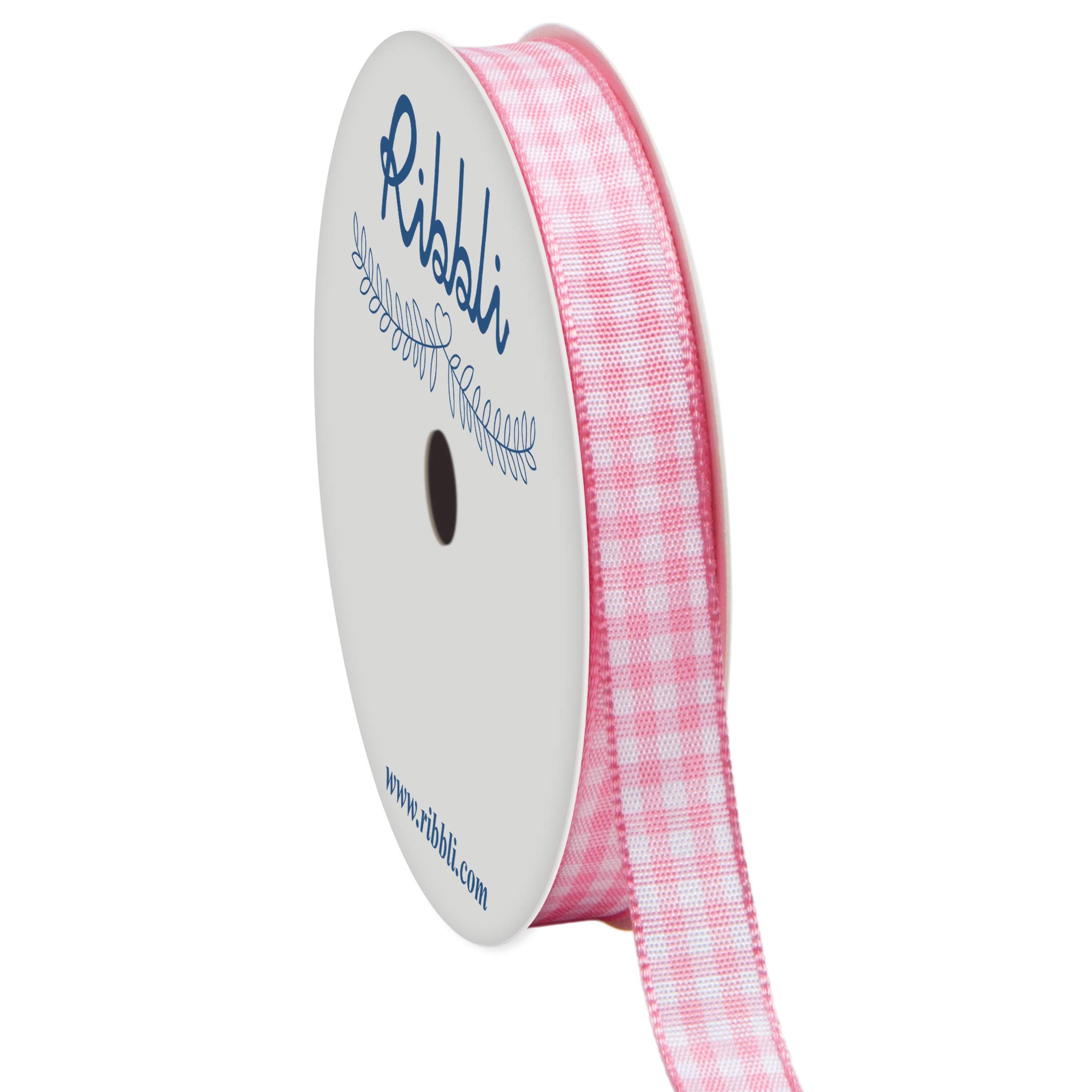 Ribbli Light Pink and White Gingham Ribbon,100% Polyester Woven Edge,3/8 Inch x 10 Yard,Plaid Ribbon Use for Baby Shower,Gift Wrapping,Party Decoration