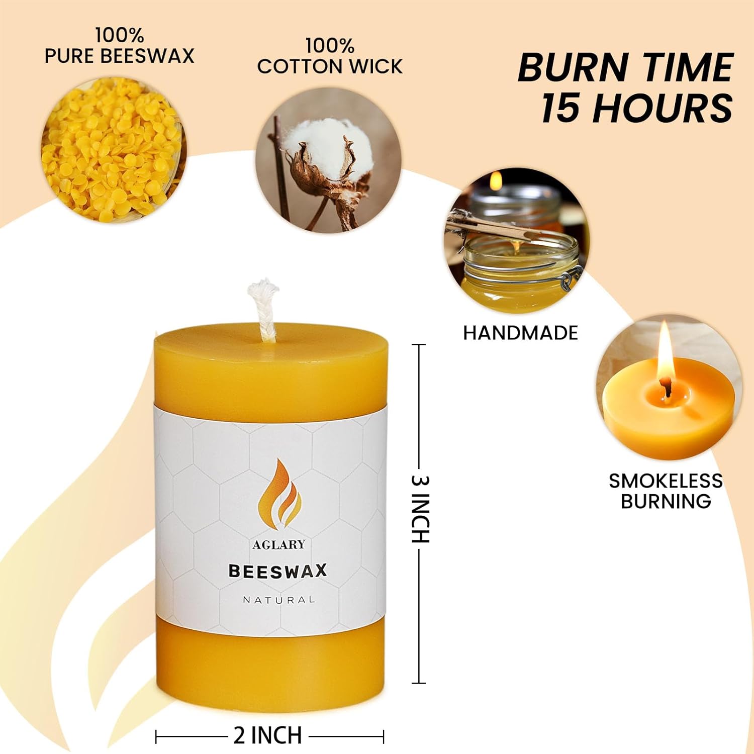 6PCS Beeswax Pillar Candles,Large Handmade Pure Beeswax Candle,Long Lasting Burn Time，Unscented Smokeless，2 * 3",20H, Raw