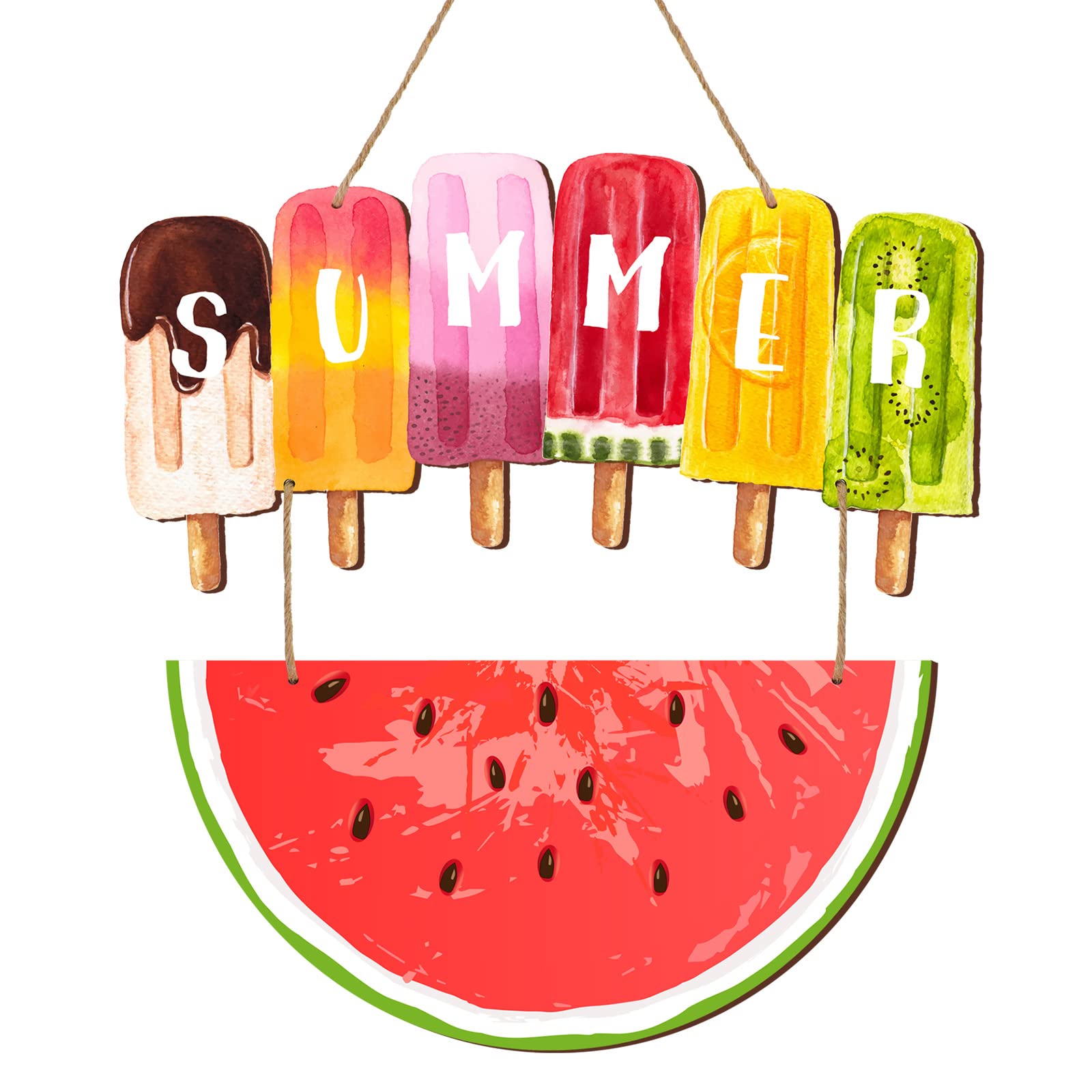 Namalu Hello Summer Decorations for Home Watermelon Door Hanger Sign 11 x 11.8 Inch Wooden Welcome Hanging Door Sign Decorative Ice Lolly Sunmmer Wall