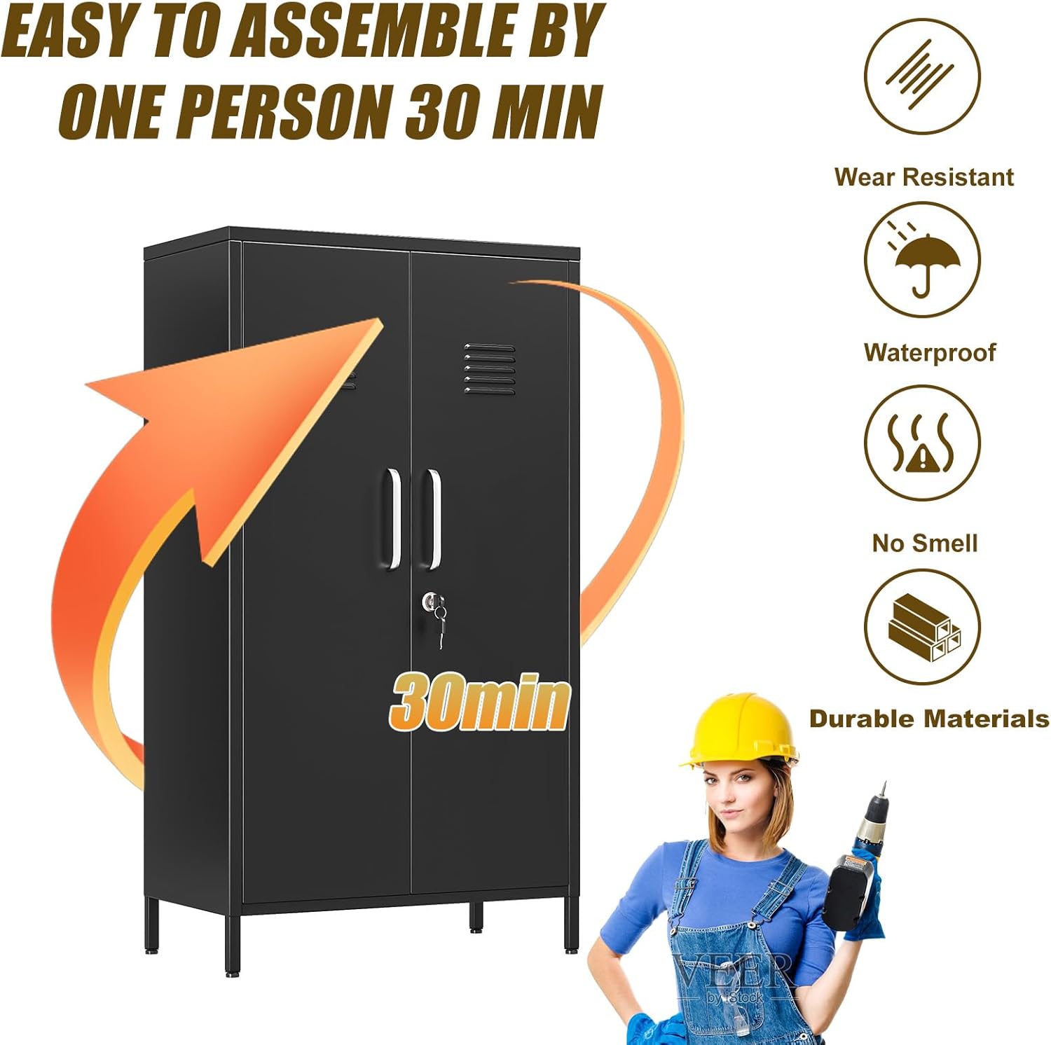 erosoei 47.24" H Metal Locker Storage Cabinet, Office Locker with 3 Adjustable Shelves, Steel Cabinet with 2 Doors, High Leg Organizer for Home Office, Kitchen, Living Room, Bedroom and Bathroom