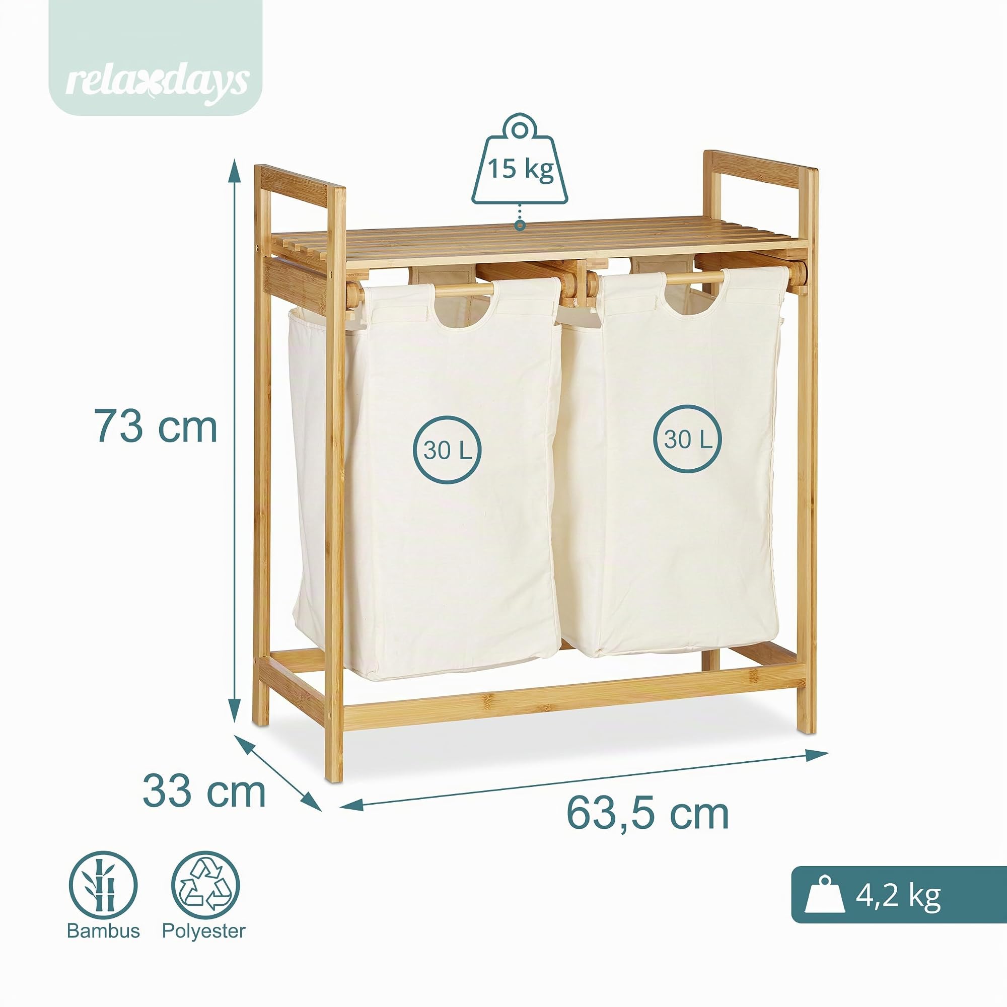 Relaxdays Wäschekorb Bambus, Wäschesortierer mit Ablage, 2 Fächer, ausziehbar, tragbarer Wäschebehälter, 60 Liter, Natur, 1 Stück, Weiß