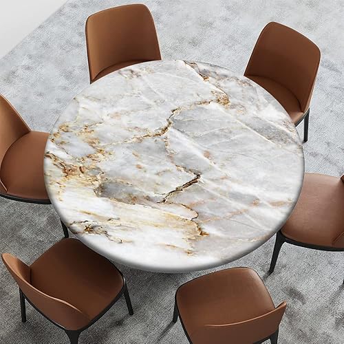 Miniatura 2 de Yaofuren Mantel redondo con diseño de textura de mármol, borde elástico, adecuado para catering y cocina, se puede limpiar para mesa de comedor,