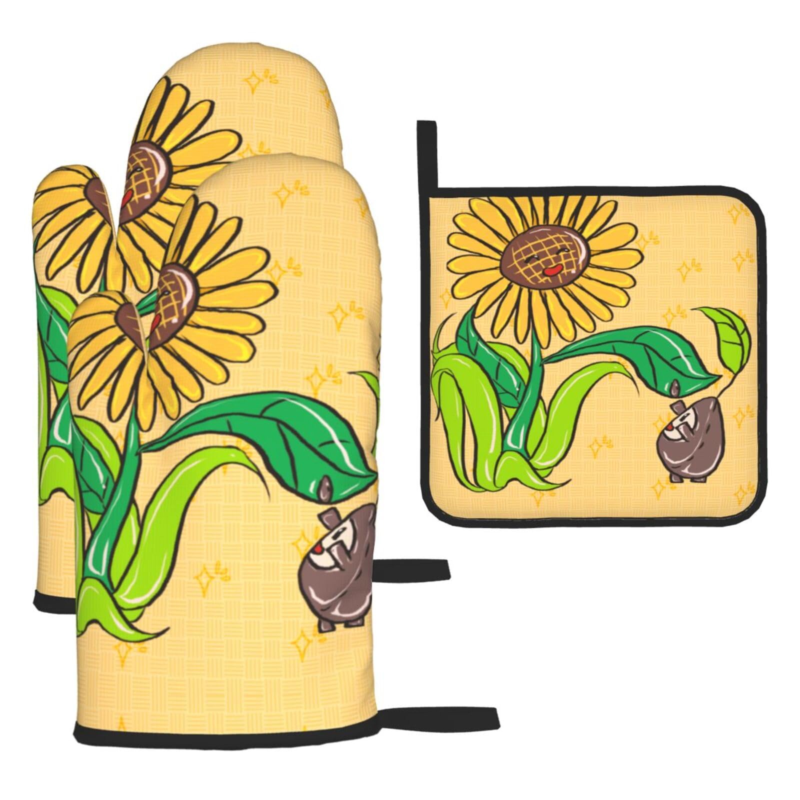 Sunflower seeds and sunflowers Oven mittens and oven mitts three-piece set suitable for oven, grilling, baking, microwave and home cooking.