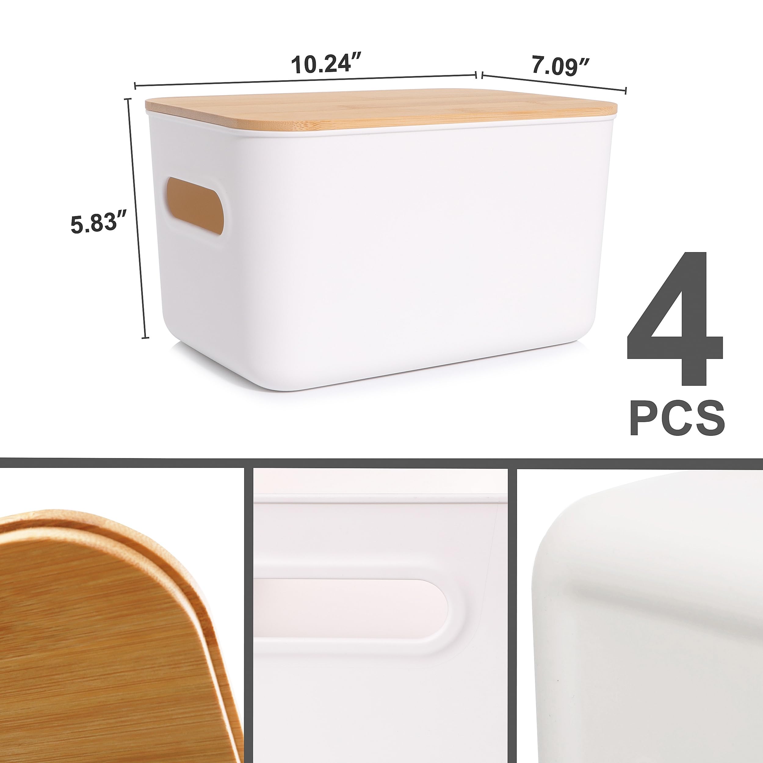 Citylife 4 PCS Storage Bins with Bamboo Lids Plastic Storage Containers for Organizing Stackable Storage Box with Handle, 10.23 x 7.08 x 6.3 inch