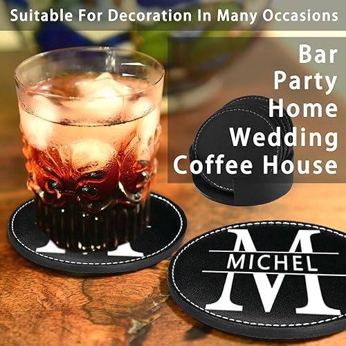 Miniatura 6 de Portavasos personalizados, juego de 6 posavasos de cuero para bebidas con soporte, nombre de bricolaje, fotologotipo, antideslizante, resistente al