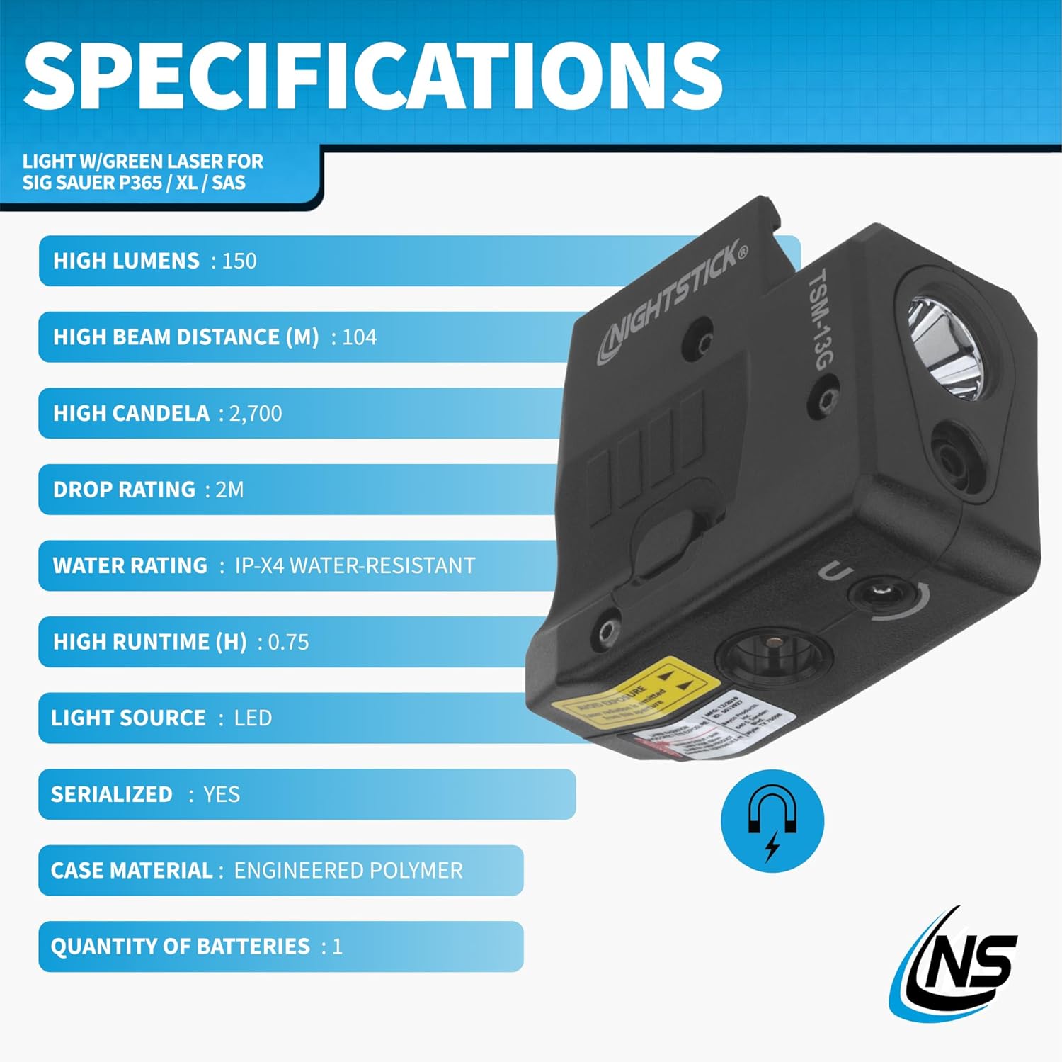 Nightstick SFL-13WL Shotgun Forend Light TSM-13G 150-Lumen Rechargeable Tactical Light w/Green Laser Sight