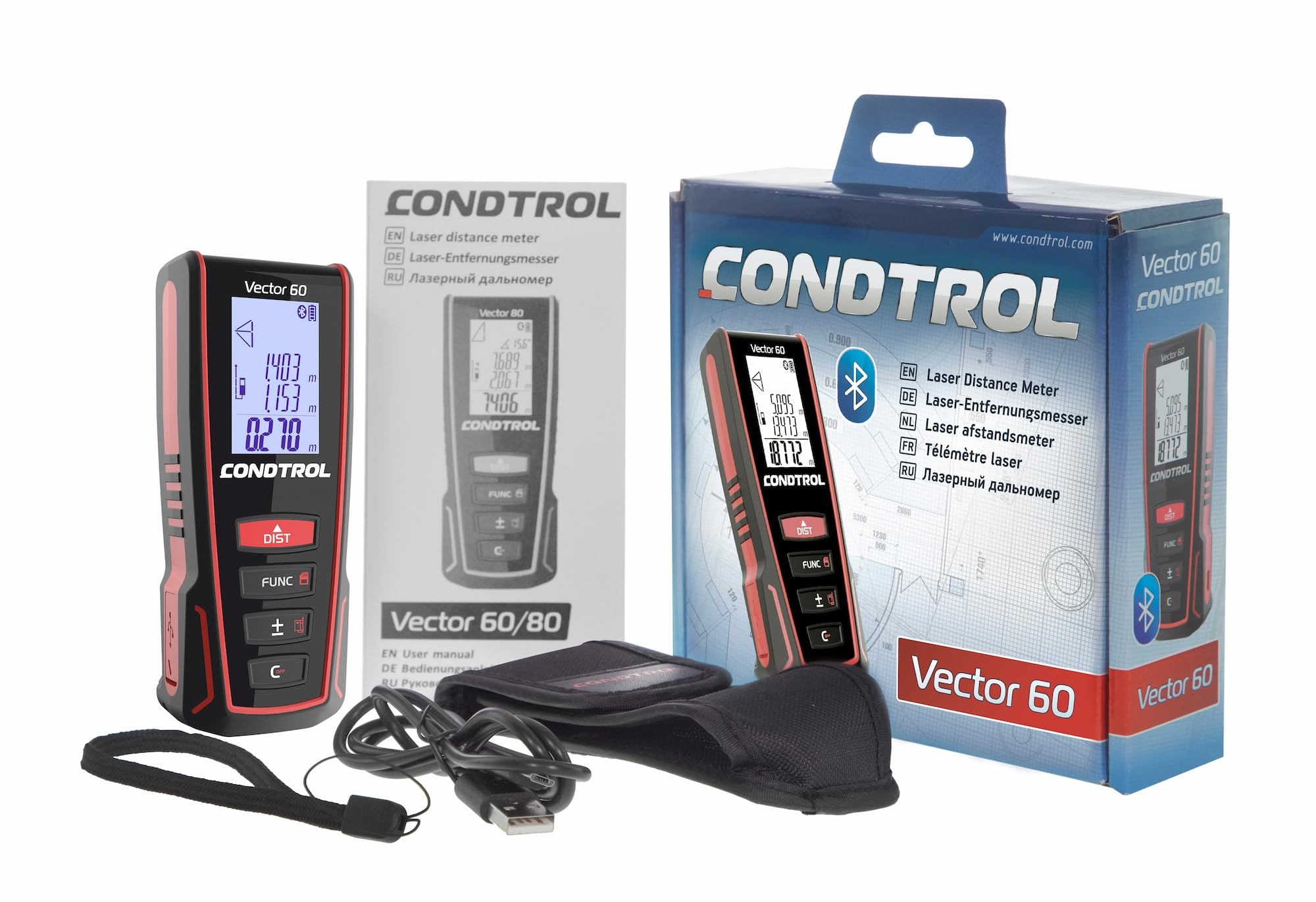 CONDTROL - Telémetro VECTOR 60 - Alcance de 0,05 a 60 metros - Medición precisa continua - Láser rojo - Bluetooth - Garantía de 2+1 años - Se entrega con accesorios