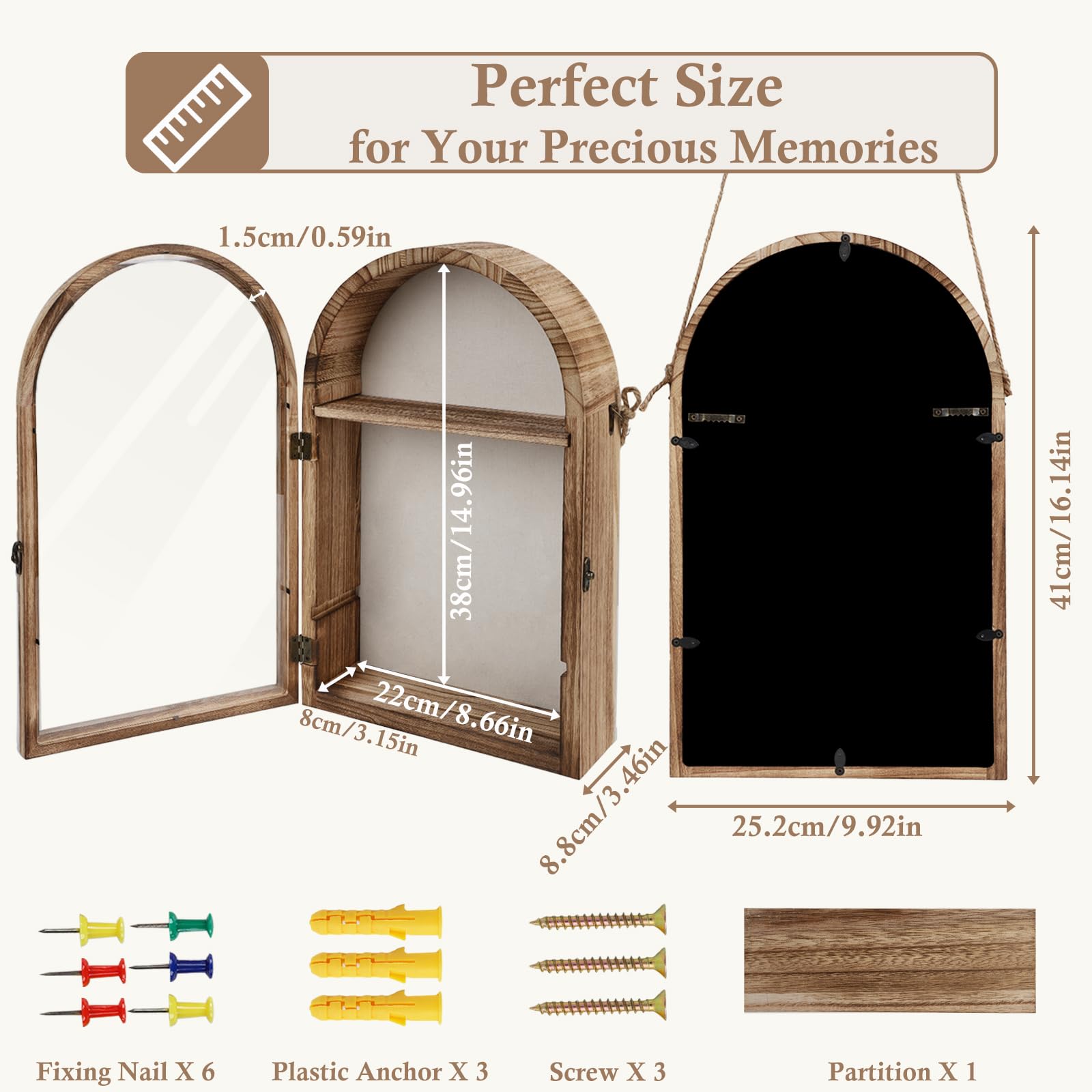3D Bilderrahmen,Tiefer Objektrahmen zum Befüllen mit Tür,Hölzern Schattenbox Vitrine mit 6 Stecknadeln,3D Rahmen für Fotos,Medaillen,Blumen,Hochzeitsstrauß, Erinnerungsstücke,25.2*10.3*41CM