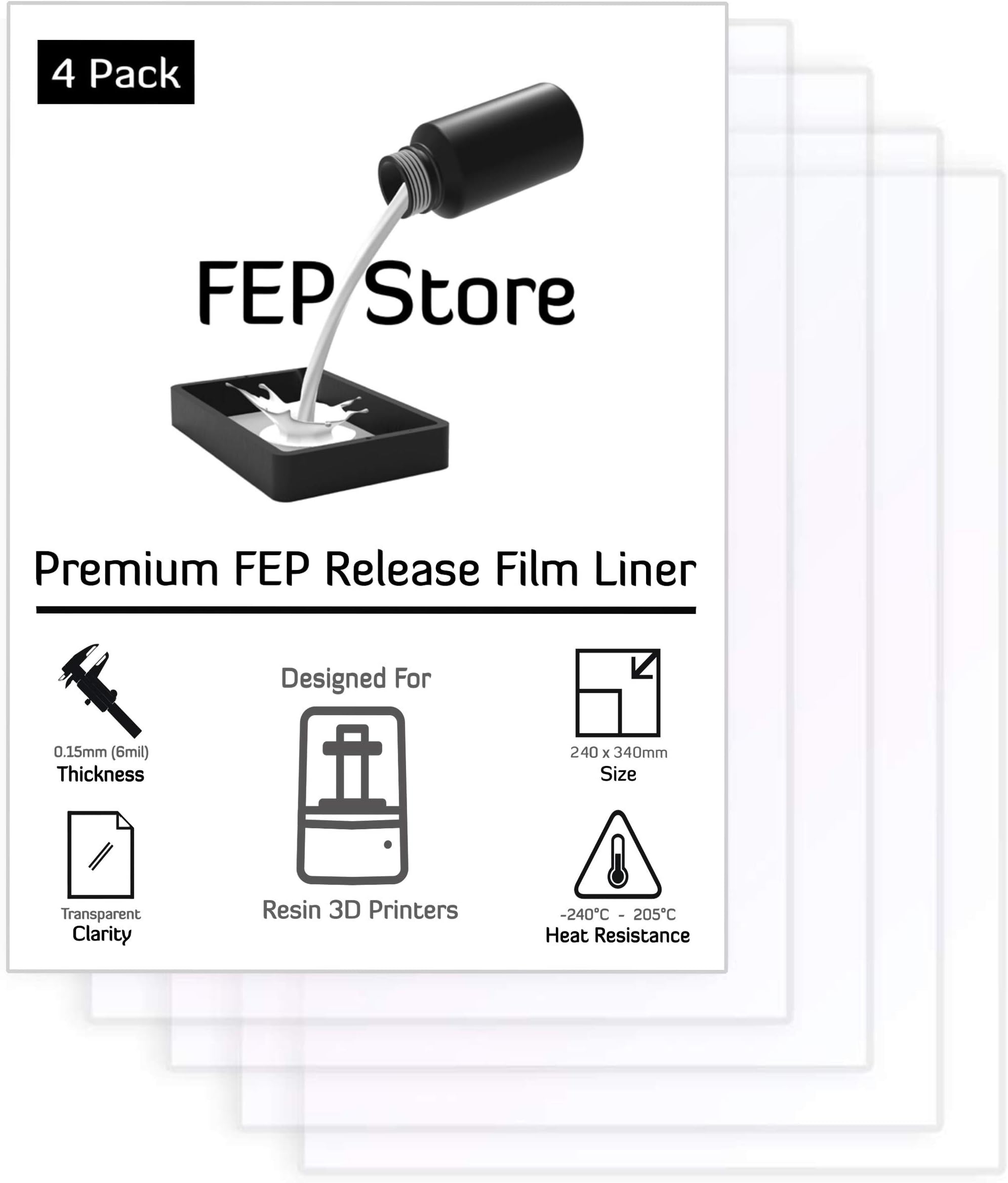 FEP Film 4 Pack/ 240 x 340 mm/for SLA DLP UV 3D Printer/Phrozen Transform/Peopoly Phenom/Photon Mono X/Shuffle XL