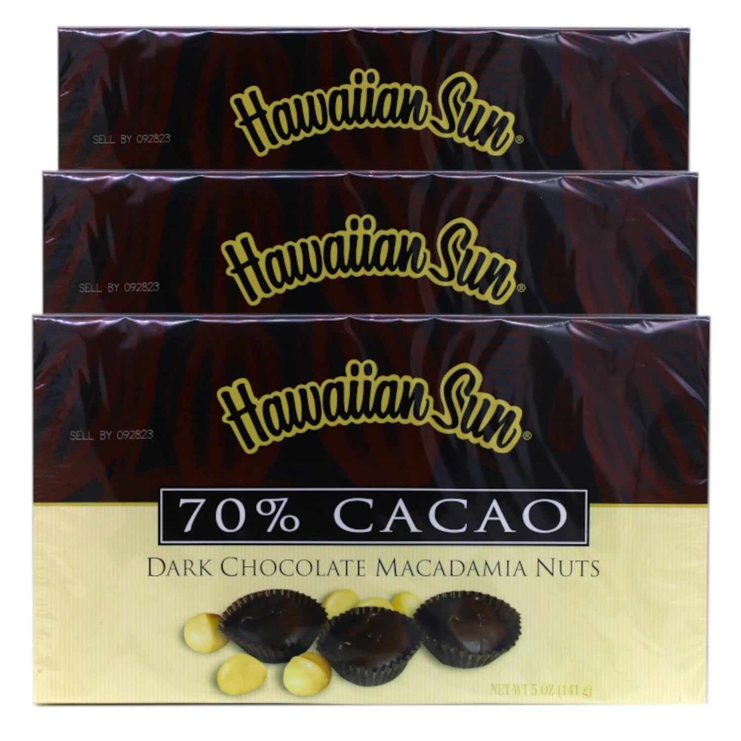 Hawaiian Sun Island Chocolates Gift Pack Chocolate Macadamia Nuts 5 oz Kona Crunch 6 oz and 70% cacao dark chocolate macadamia 5 oz (Kona Crunch Macadamia with Rice Crisps, 5 oz)