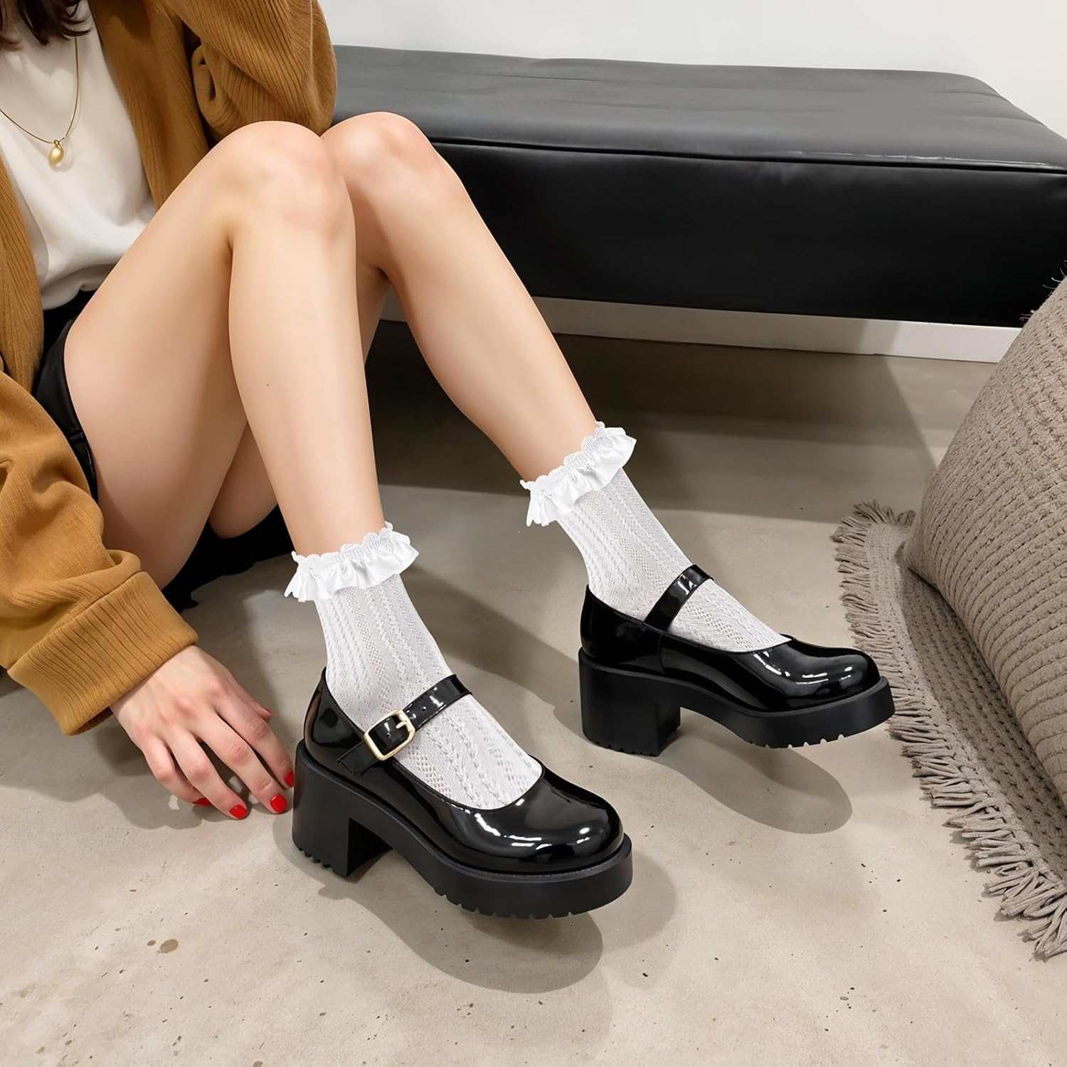 2 Pairs Womens Lace Ruffle Frilly Crew Socks Satin Ruffle Ankle Sock for Women Girls Casual Soft Comfortable Frilly Sock Lolita Princess Accessory (Black + White) - Image 3