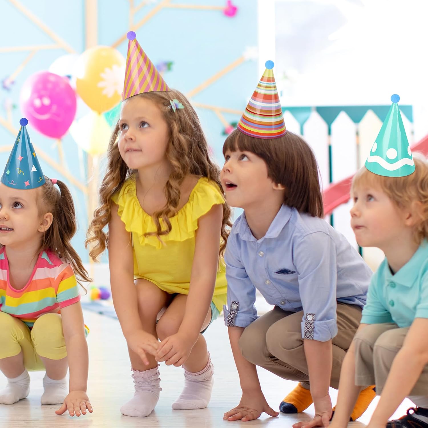 Hxezoc 10 Pcs Colorful Birthday Party Hats Paper Cone Party Hats with Pom Poms Colorful Paper Headwear for Kids Adults Birthday Baby Shower Holiday Decor Supplies
