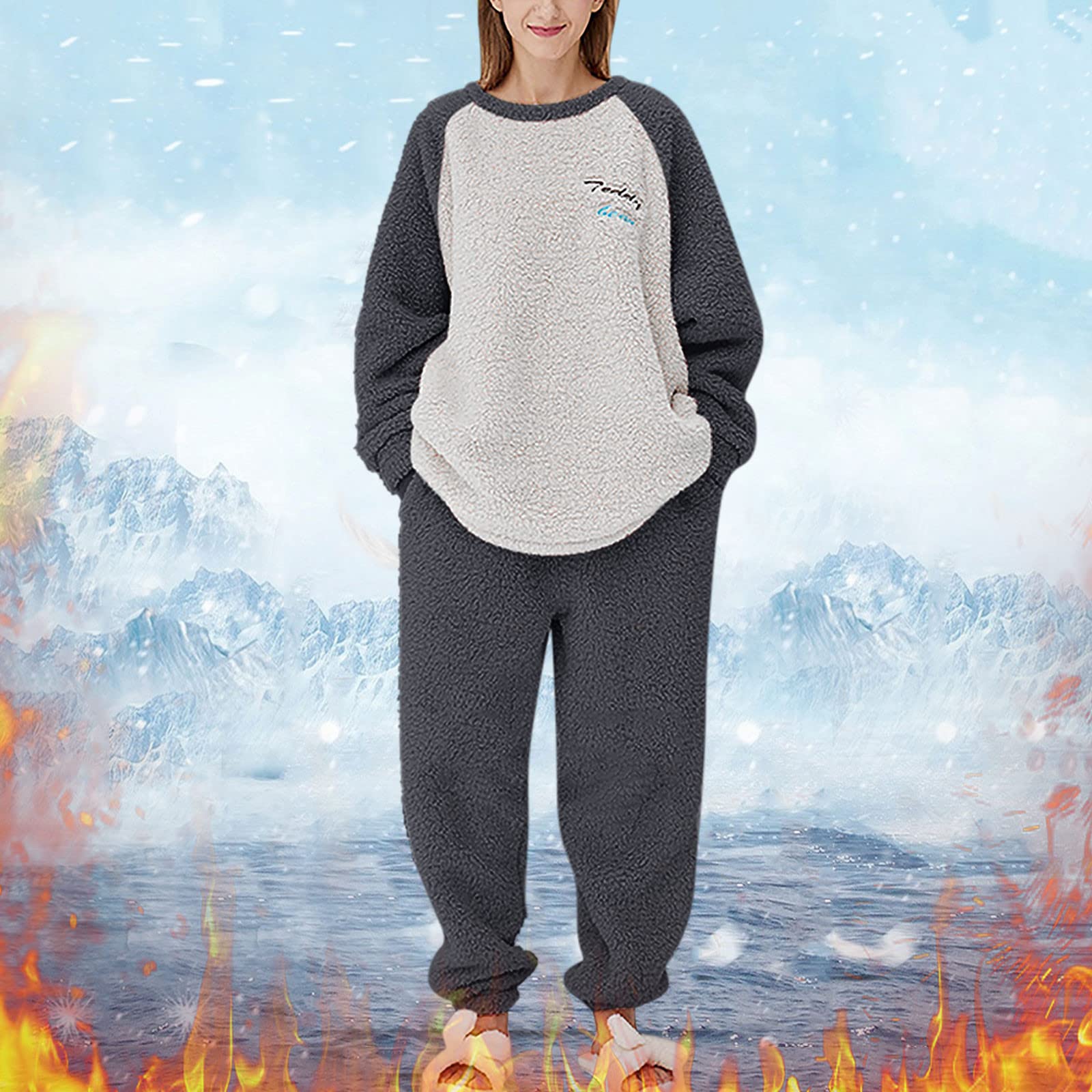 Conjunto de pijama atractivo para mujer, para invierno, otoño, cómodo, cálido, manga raglán, bloque de color, forro polar, suave, transpirable, algodón, pijama, pantalones, ropa de dormir