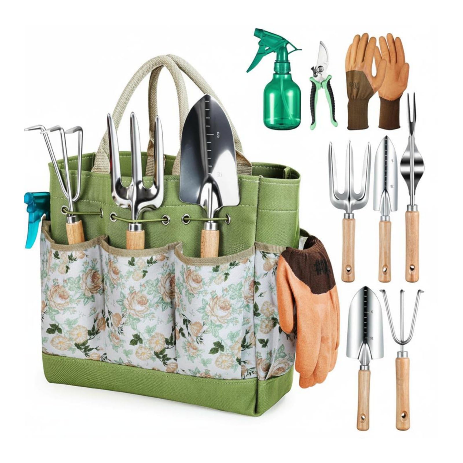 Gartengeräte Set Gartenwerkzeug Handwerkzeug Ausplantierer Blumenkelle Hacke Holzgriff Ermüdungsarm Tragbar mit Tragegriffen für Gemüsebeet Blumenrabatte, Stainless Steel 9PCS