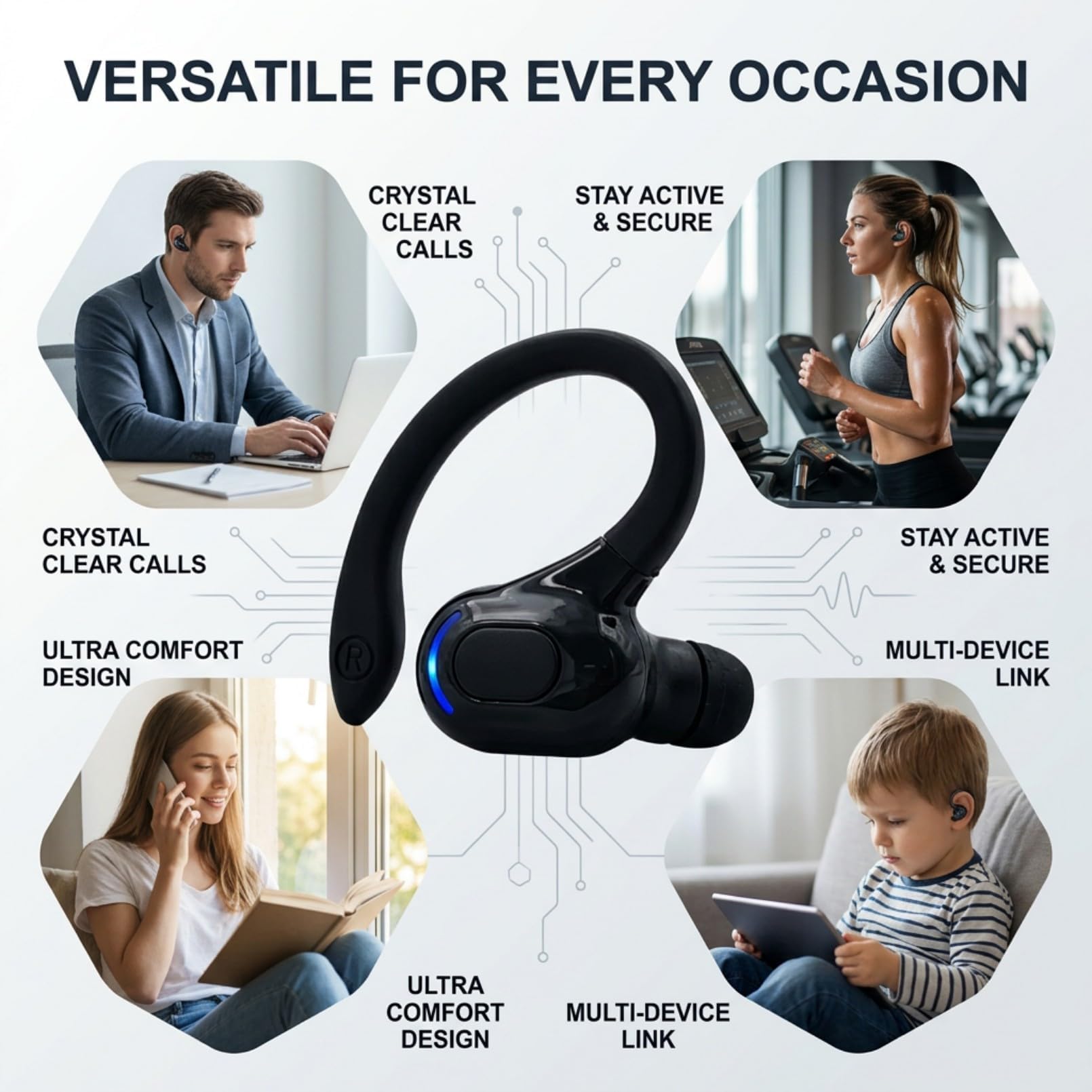 Oreillette Bluetooth Sans Fil V5.2 avec Micro Intégré, Écouteur Mono Main Libre Bluetooth, Tour d’Oreille 360°, Réduction de Bruit, 20 h d’Autonomie, Compatible avec iPhone, Android, Conduite, Sport